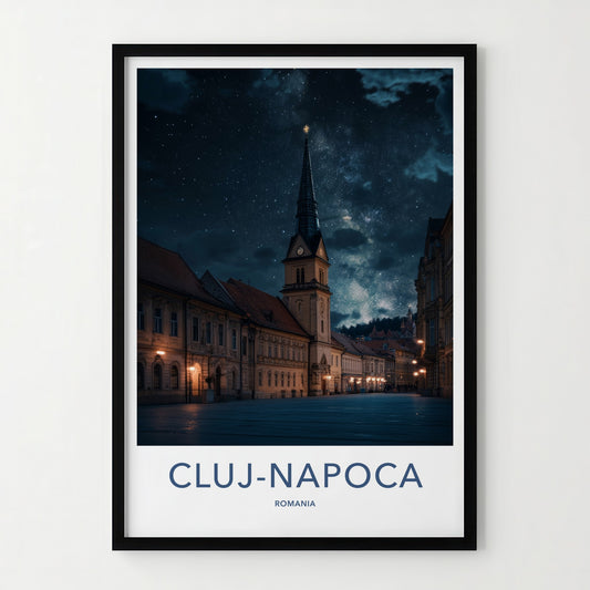 Cluj-Napoca Poster - Romania Travel Art - Starry Church Spire Home Decor