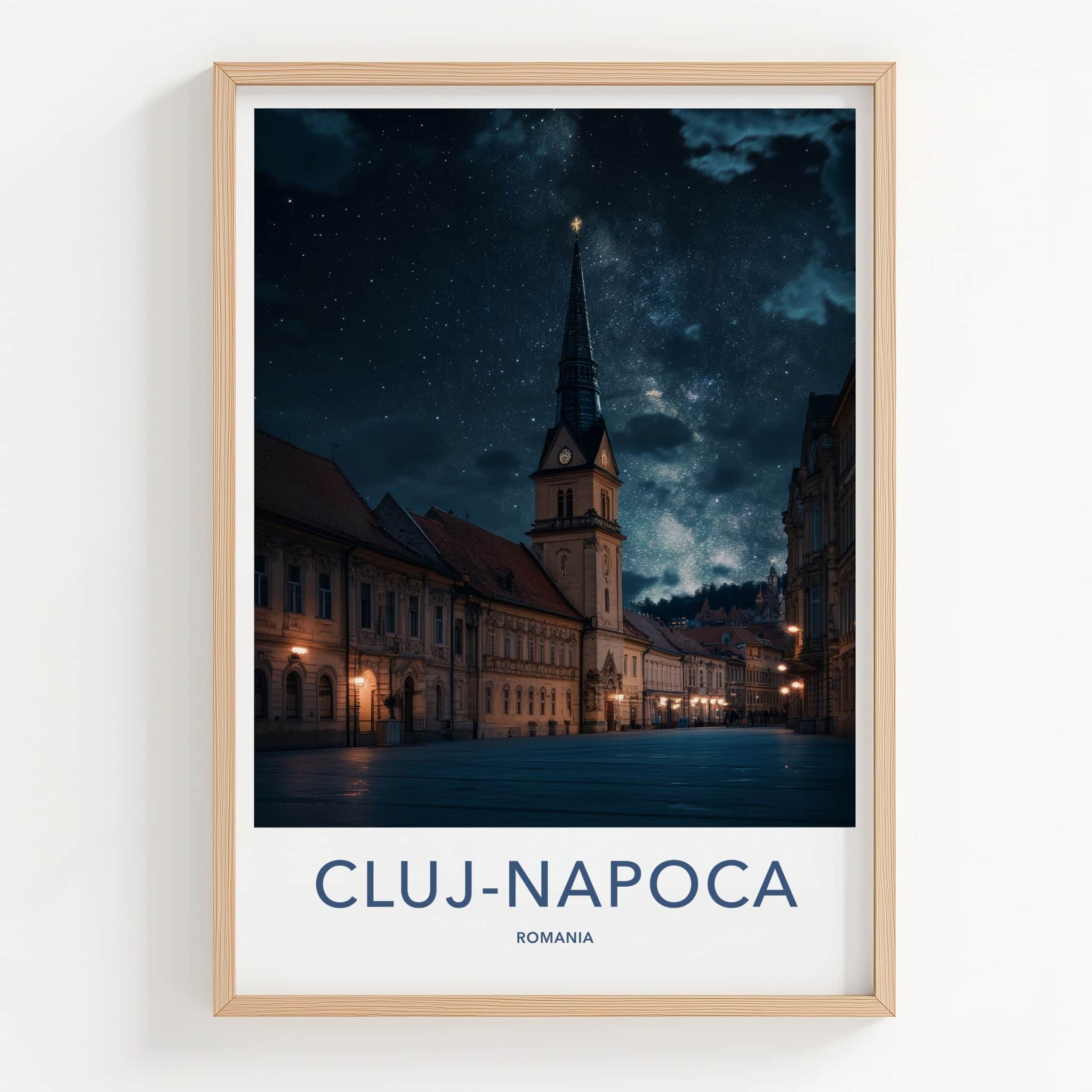 Cluj-Napoca Poster - Romania Travel Art - Starry Church Spire Home Decor