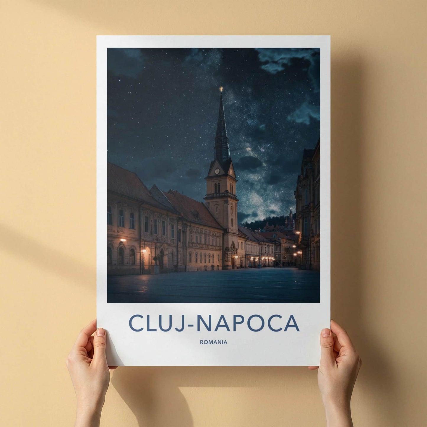 Cluj-Napoca Poster - Romania Travel Art - Starry Church Spire Home Decor