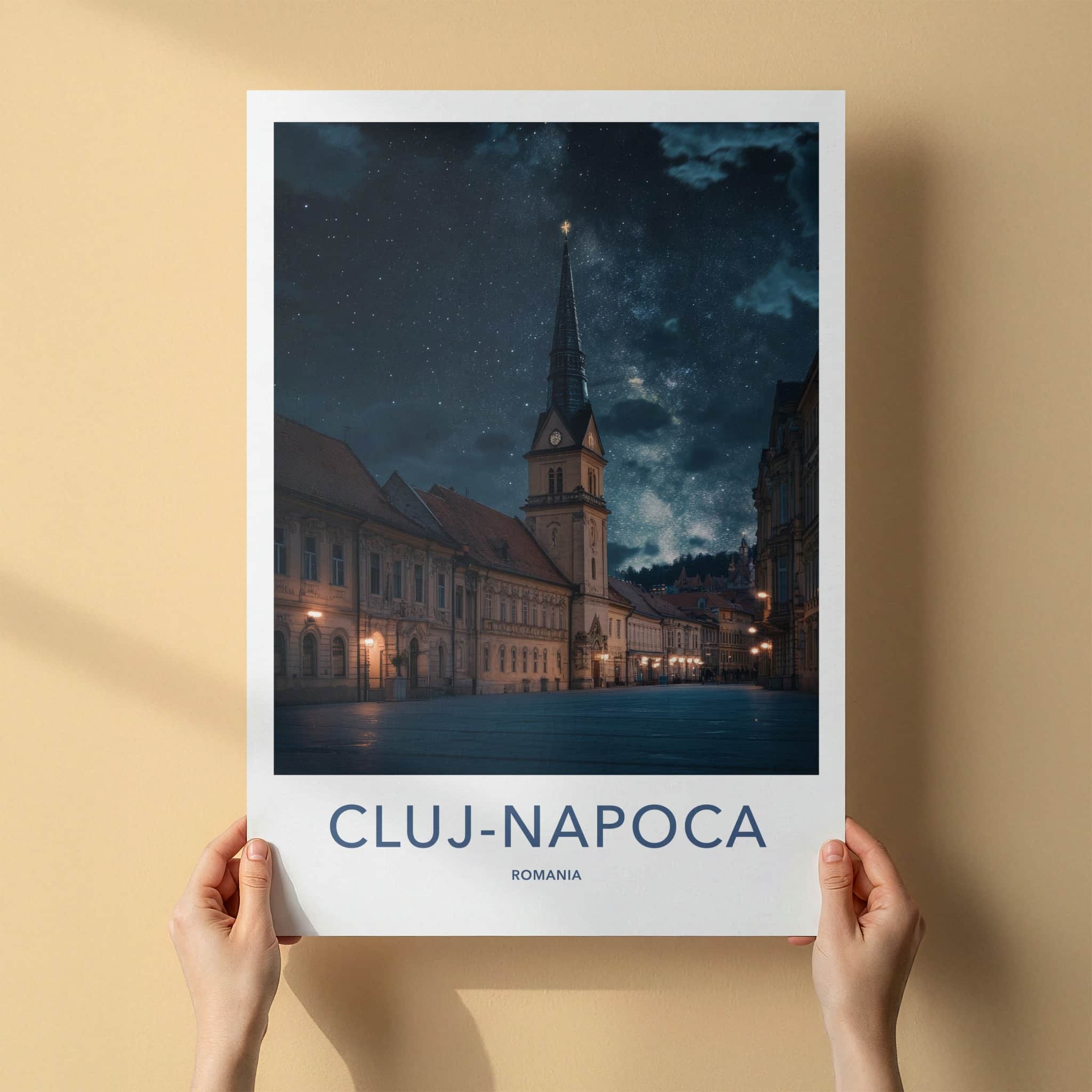 Cluj-Napoca Poster - Romania Travel Art - Starry Church Spire Home Decor