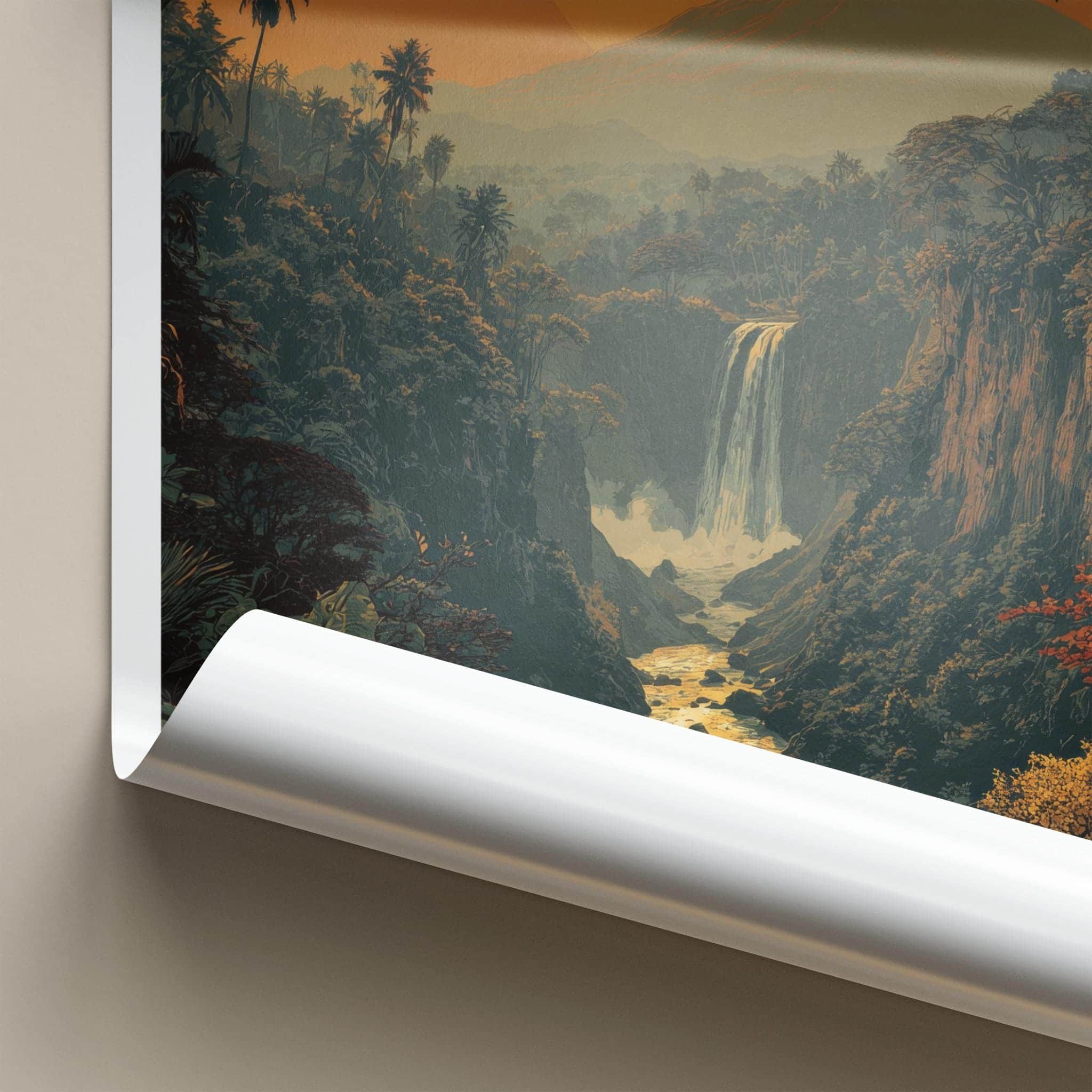 Coban Sewu Poster - Indonesia Scenic Art - Golden Jungle Waterfall Gallery Art