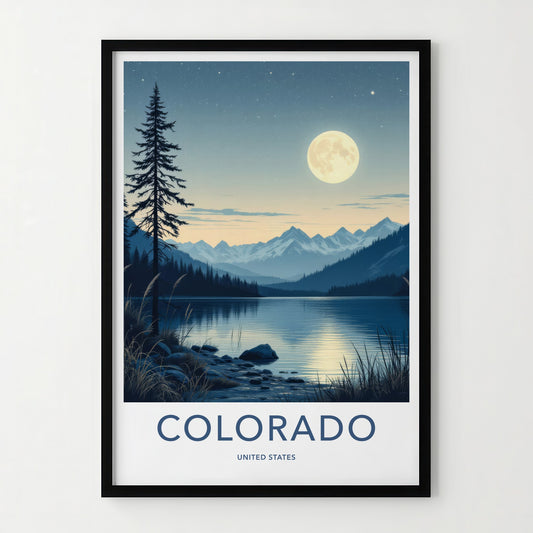 Colorado Poster - Colorado Travel Art - Moonlit Lake Mountains Wall Decor