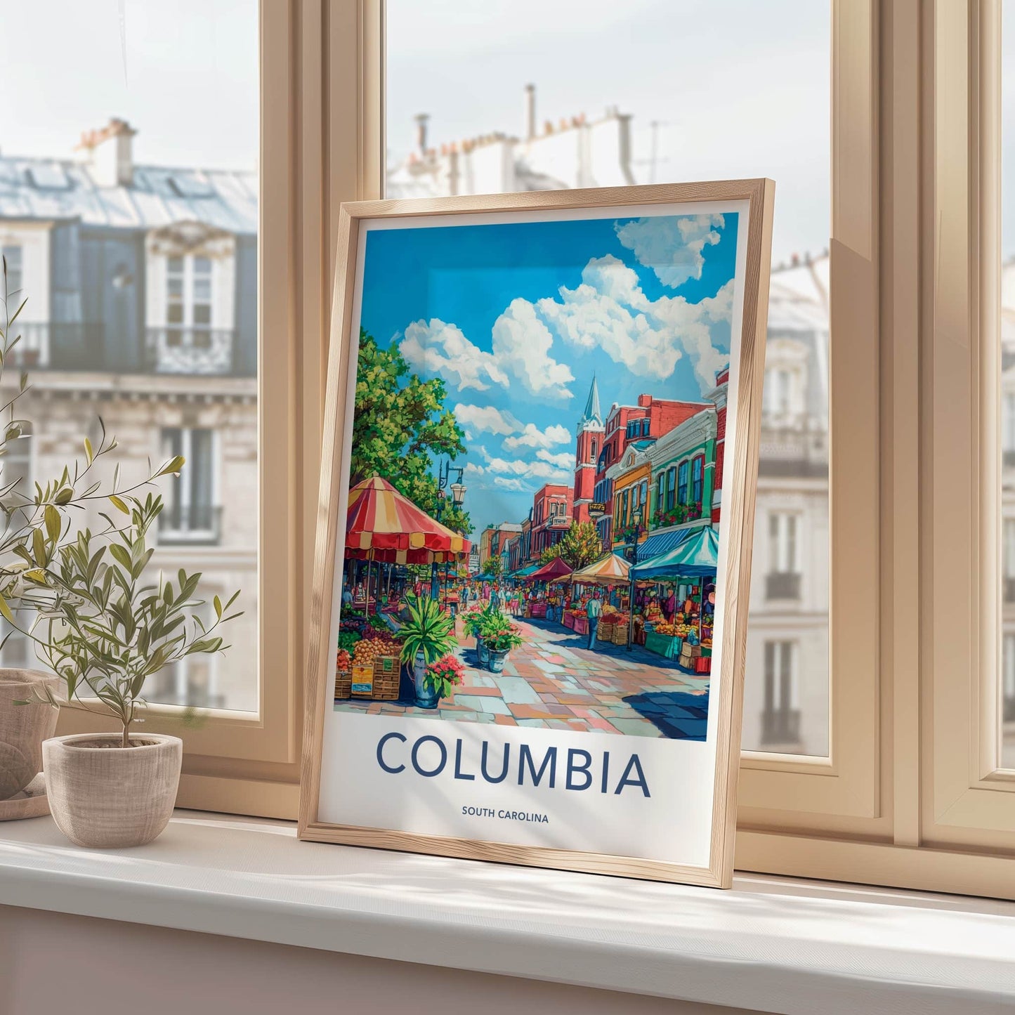 Columbia Poster - South Carolina Travel Art - Vibrant Market Scene Home Decor