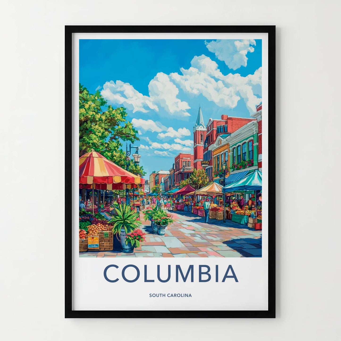 Columbia Poster - South Carolina Travel Art - Vibrant Market Scene Home Decor