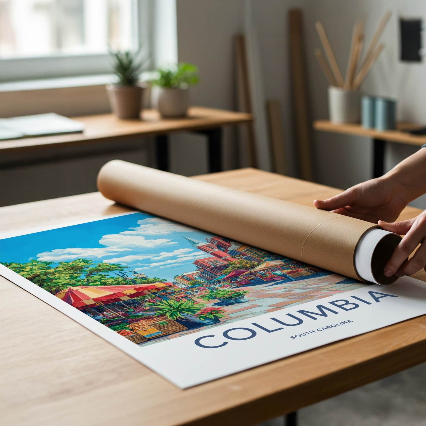 Columbia Poster - South Carolina Travel Art - Vibrant Market Scene Home Decor