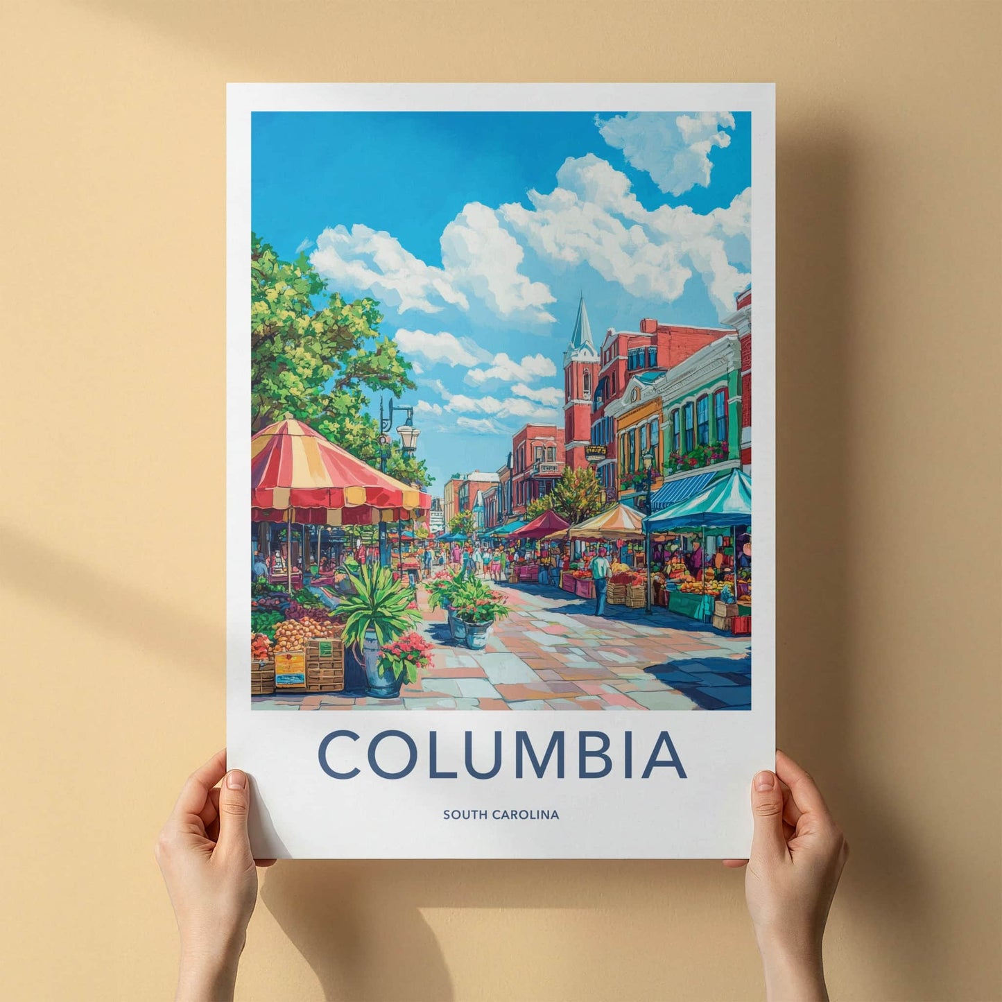 Columbia Poster - South Carolina Travel Art - Vibrant Market Scene Home Decor