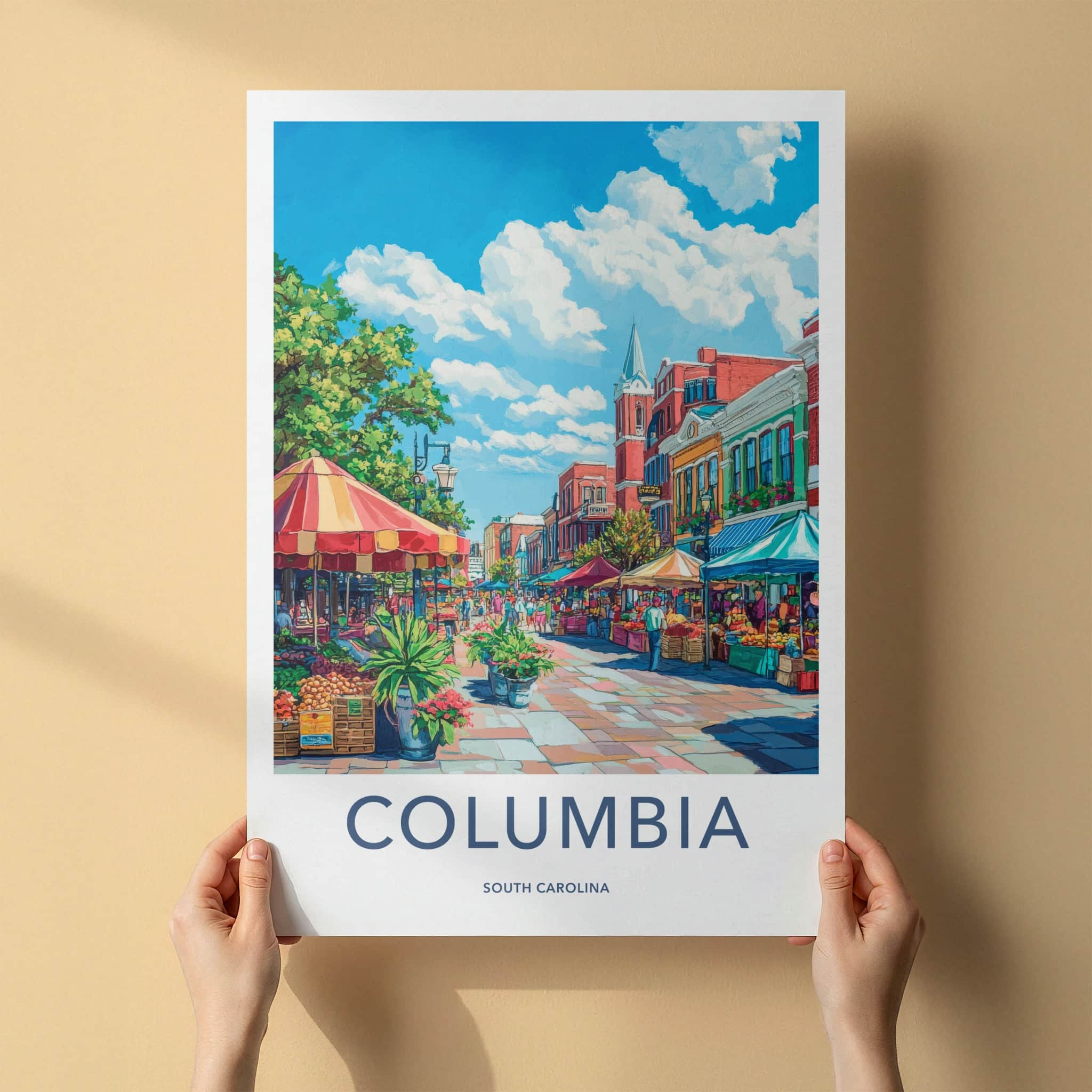 Columbia Poster - South Carolina Travel Art - Vibrant Market Scene Home Decor