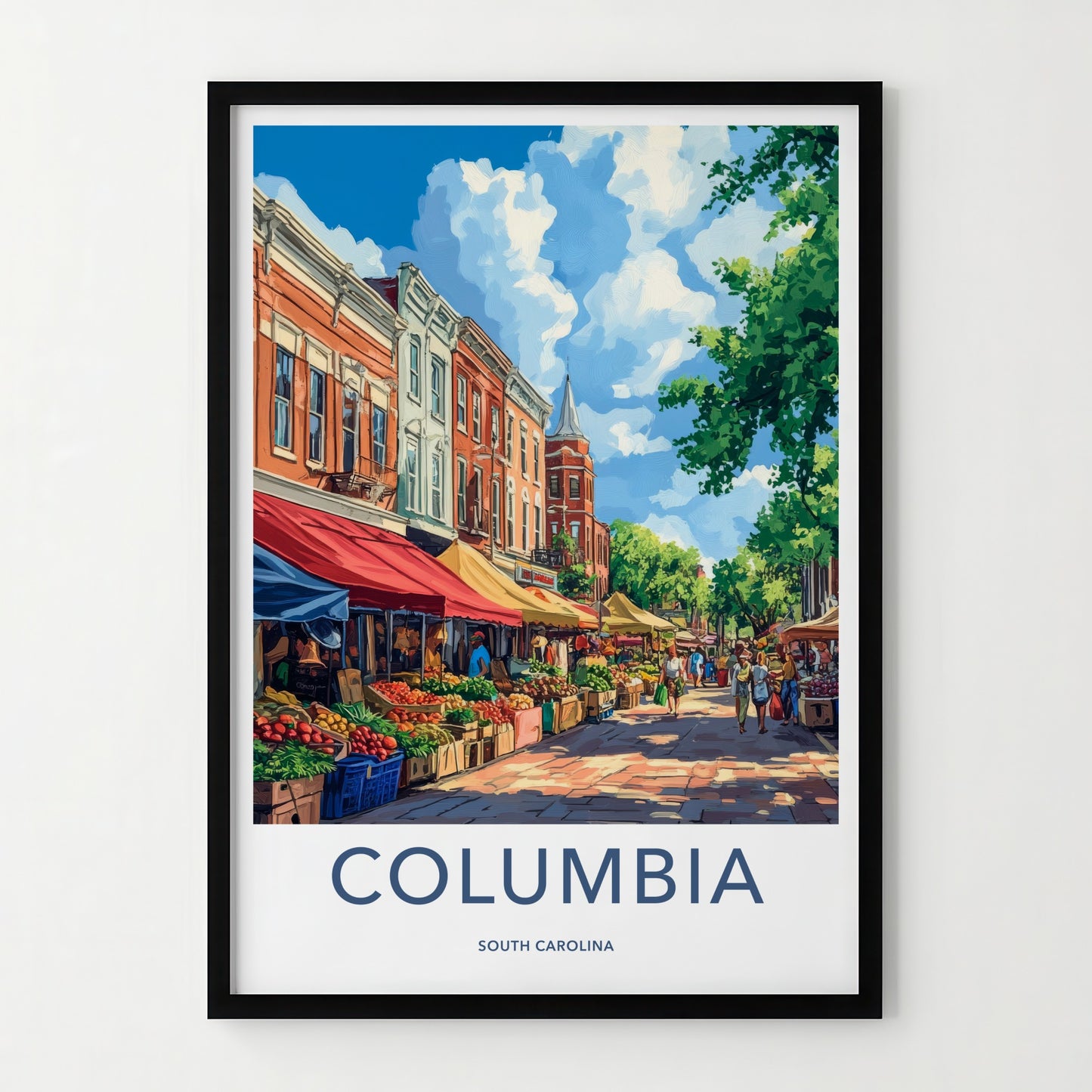 Columbia Poster - South Carolina Travel Art - Vibrant Market Scene Wall Decor
