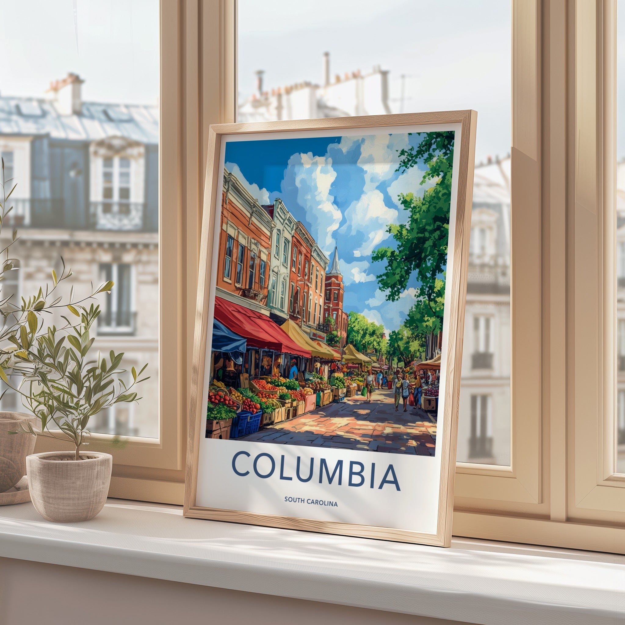 Columbia Poster - South Carolina Travel Art - Vibrant Market Scene Wall Decor