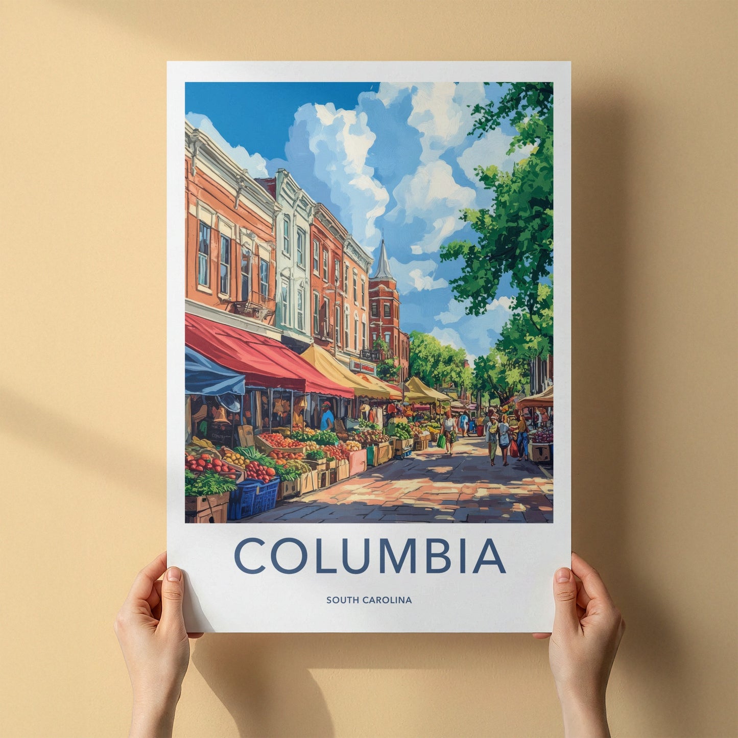 Columbia Poster - South Carolina Travel Art - Vibrant Market Scene Wall Decor