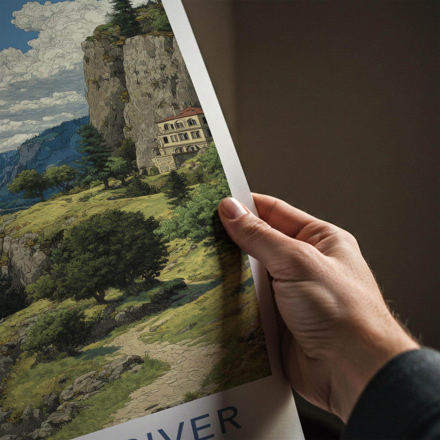 Columbia River Poster - Oregon Scenic Art - Clifftop Historic View Wall Decor