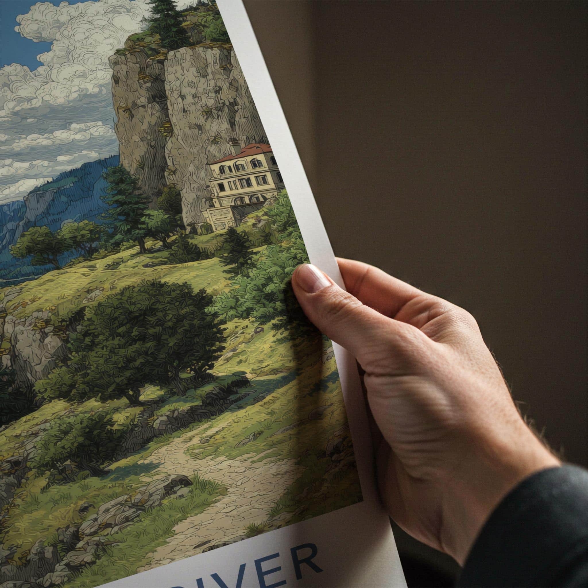 Columbia River Poster - Oregon Scenic Art - Clifftop Historic View Wall Decor