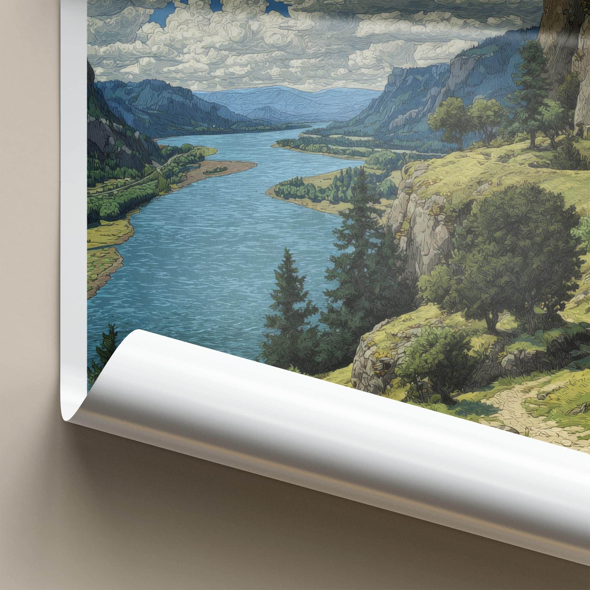 Columbia River Poster - Oregon Scenic Art - Clifftop Historic View Wall Decor