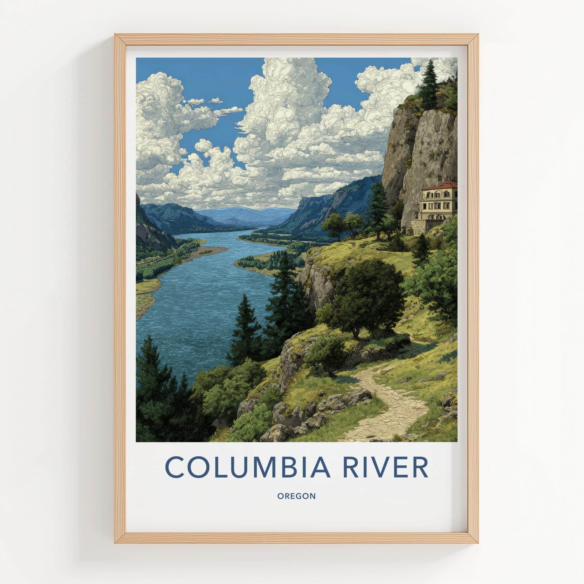 Columbia River Poster - Oregon Scenic Art - Clifftop Historic View Wall Decor