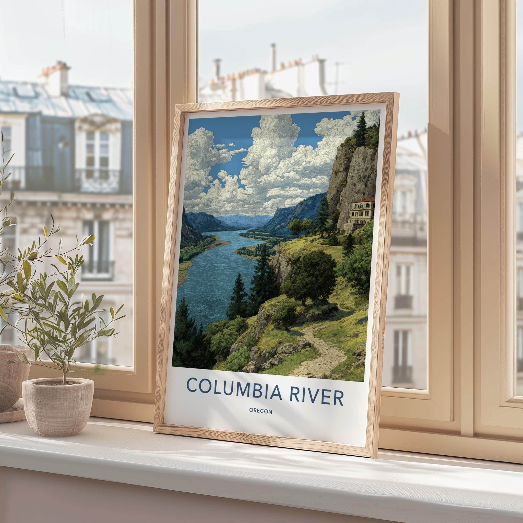 Columbia River Poster - Oregon Scenic Art - Clifftop Historic View Wall Decor