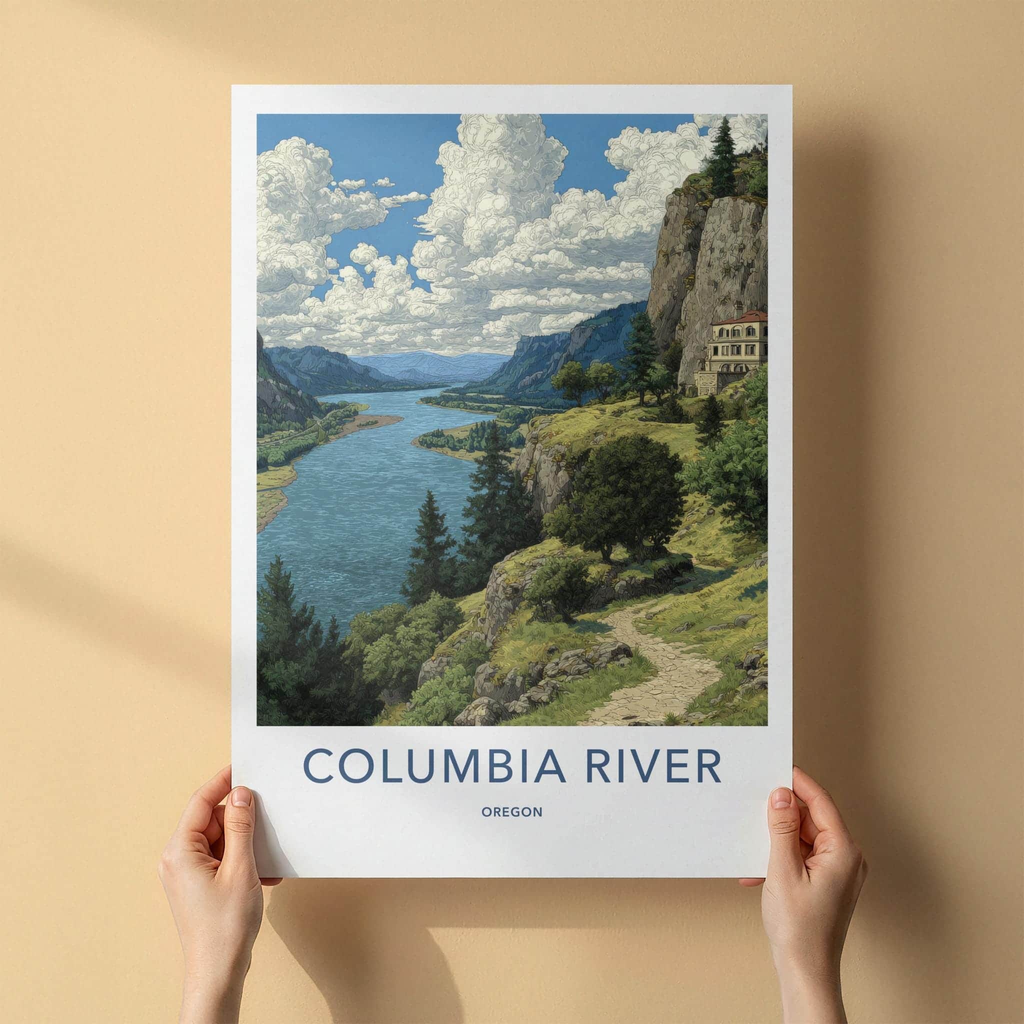 Columbia River Poster - Oregon Scenic Art - Clifftop Historic View Wall Decor