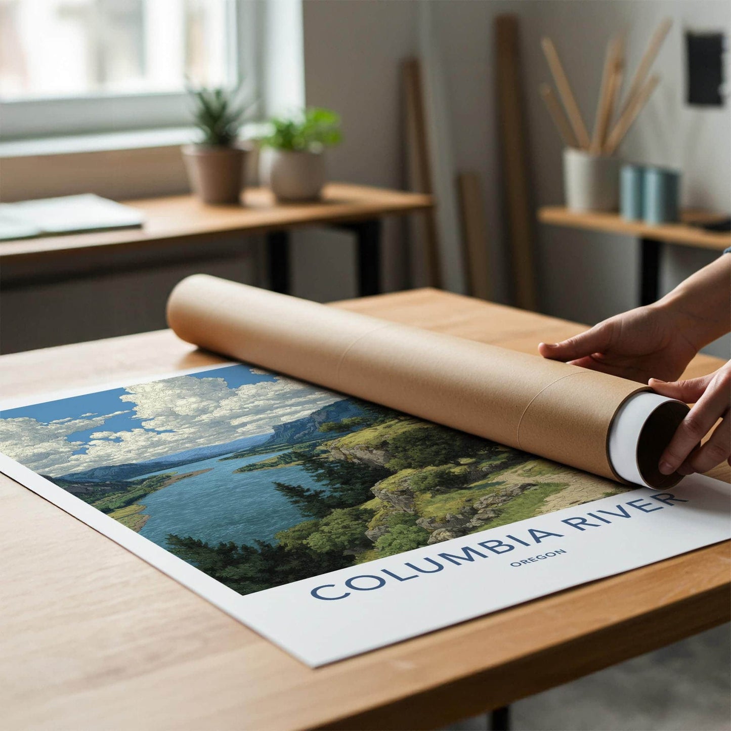 Columbia River Poster - Oregon Scenic Art - Clifftop Historic View Wall Decor