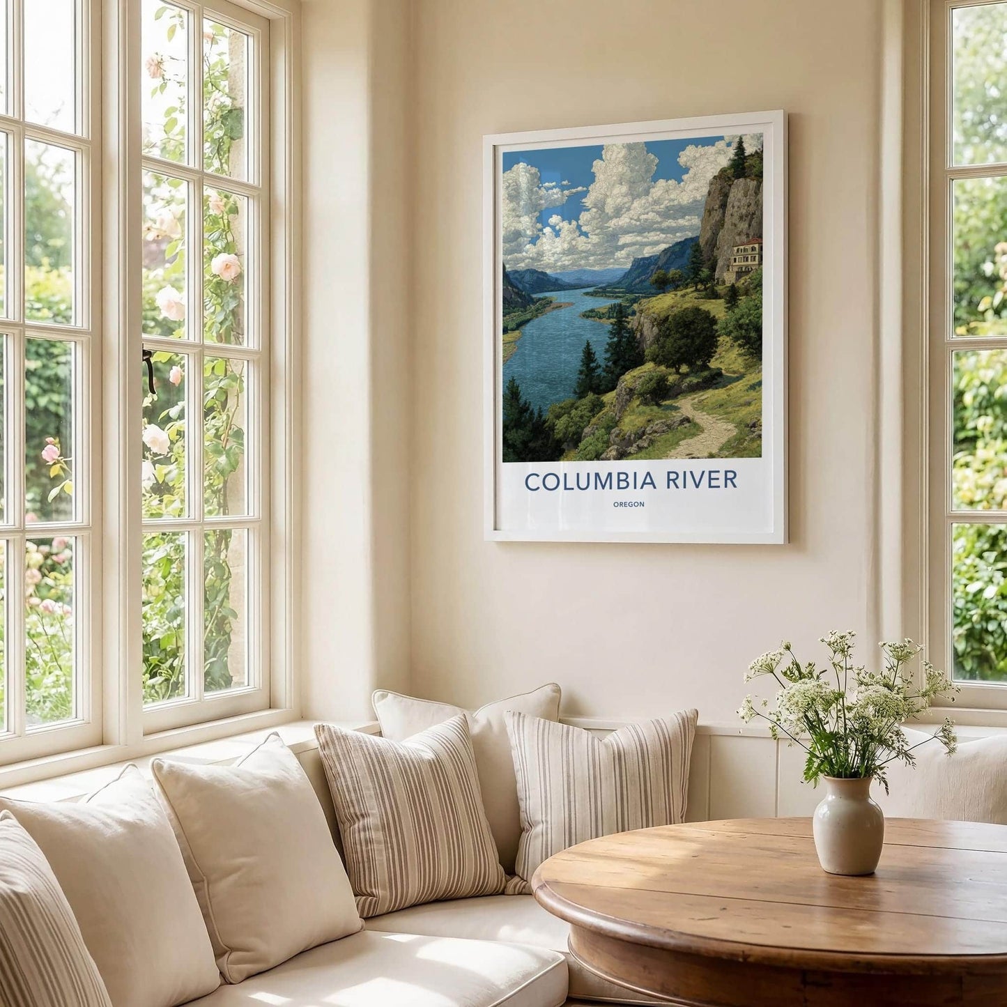 Columbia River Poster - Oregon Scenic Art - Clifftop Historic View Wall Decor