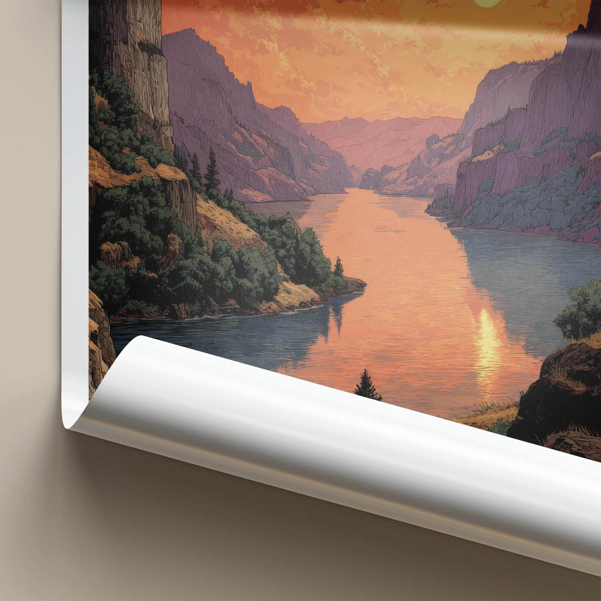 Columbia River Poster - Oregon Travel Print - Fiery Gorge Sunset Home Art