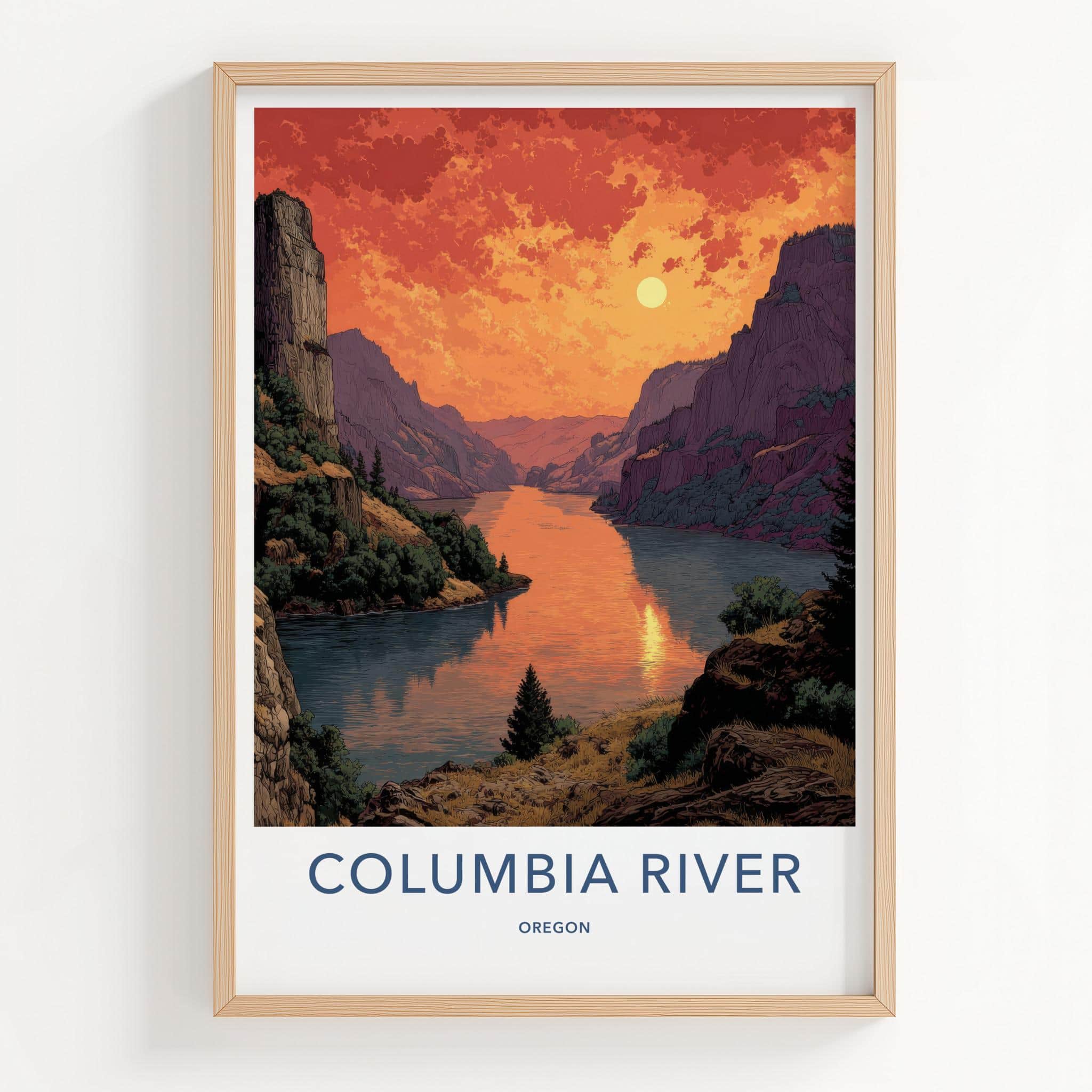 Columbia River Poster - Oregon Travel Print - Fiery Gorge Sunset Home Art