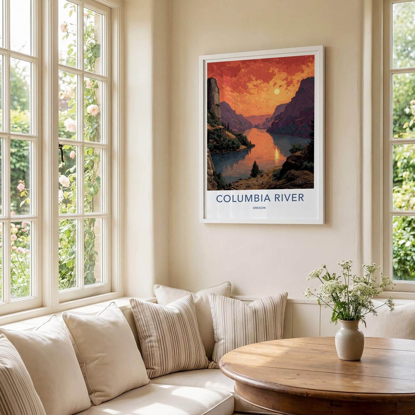 Columbia River Poster - Oregon Travel Print - Fiery Gorge Sunset Home Art