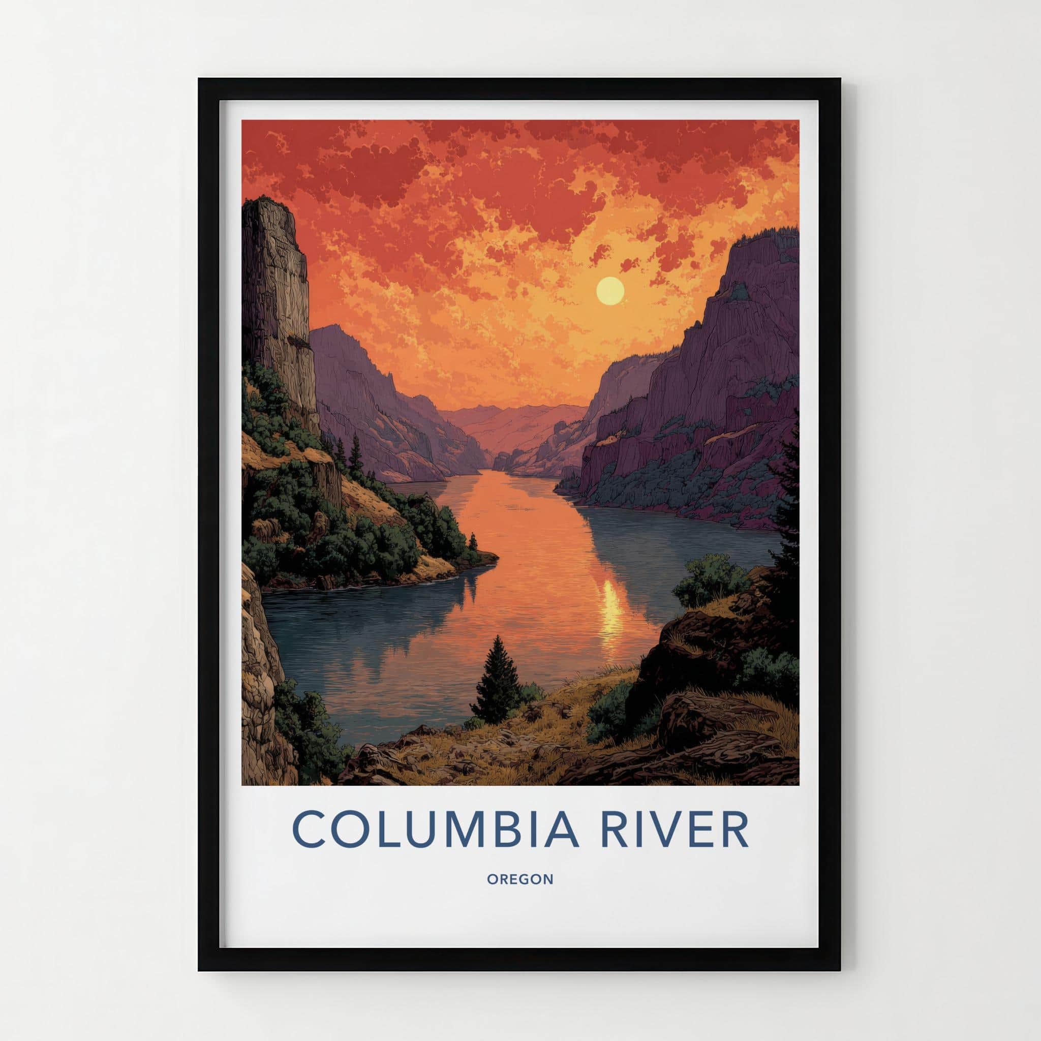 Columbia River Poster - Oregon Travel Print - Fiery Gorge Sunset Home Art