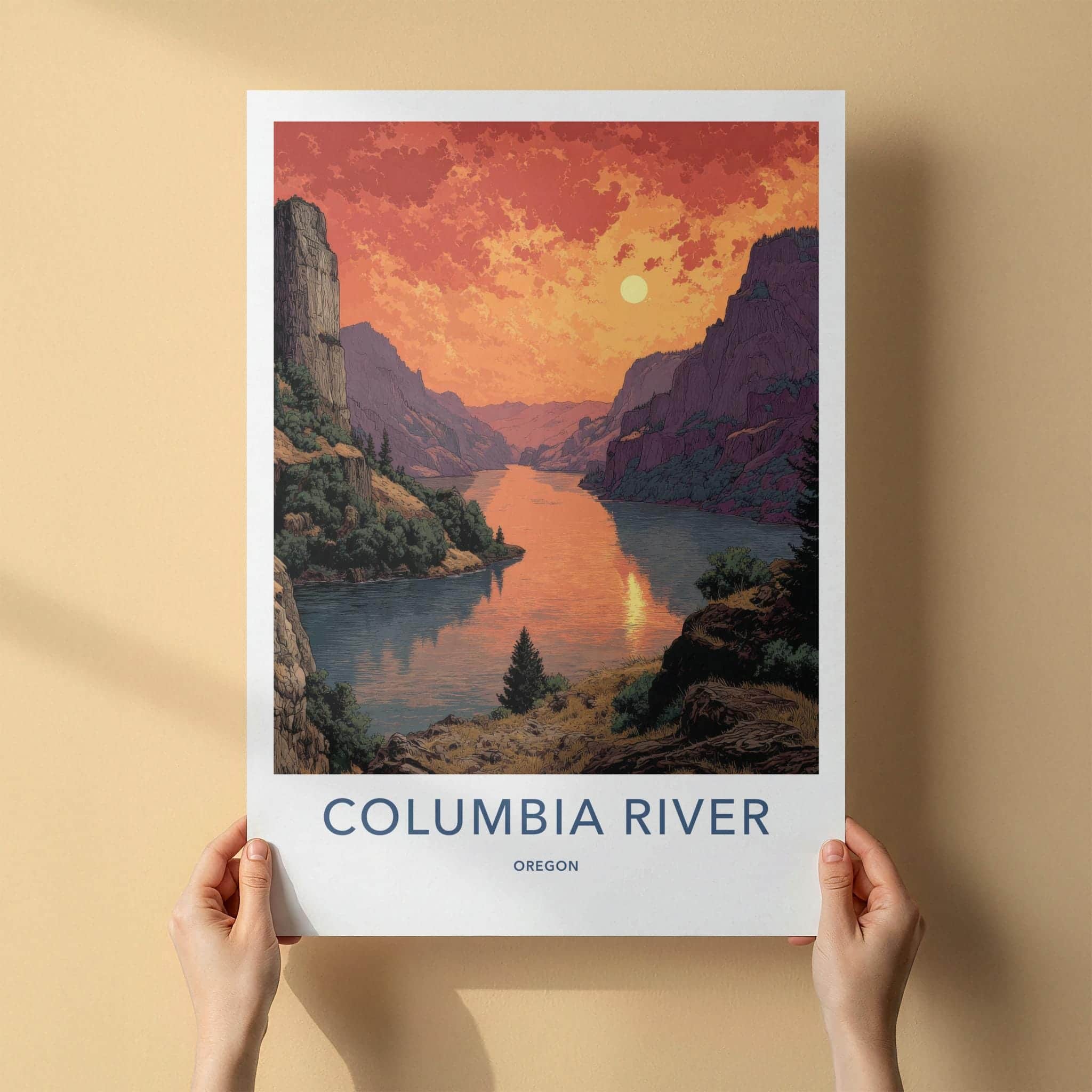 Columbia River Poster - Oregon Travel Print - Fiery Gorge Sunset Home Art