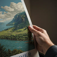 Columbia River Poster - Oregon Travel Print - Mountain River Landscape Home Art