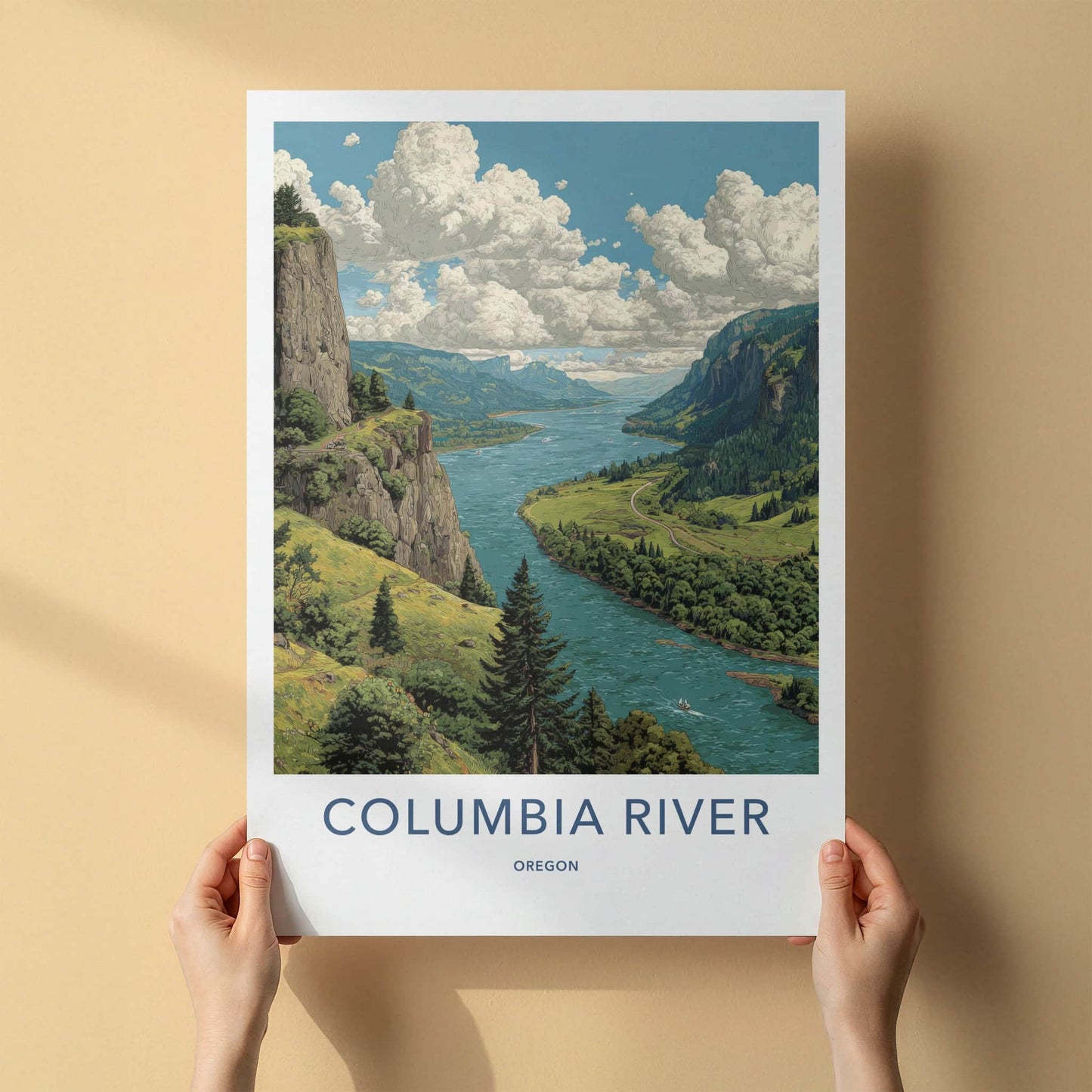 Columbia River Poster - Oregon Travel Print - Mountain River Landscape Home Art
