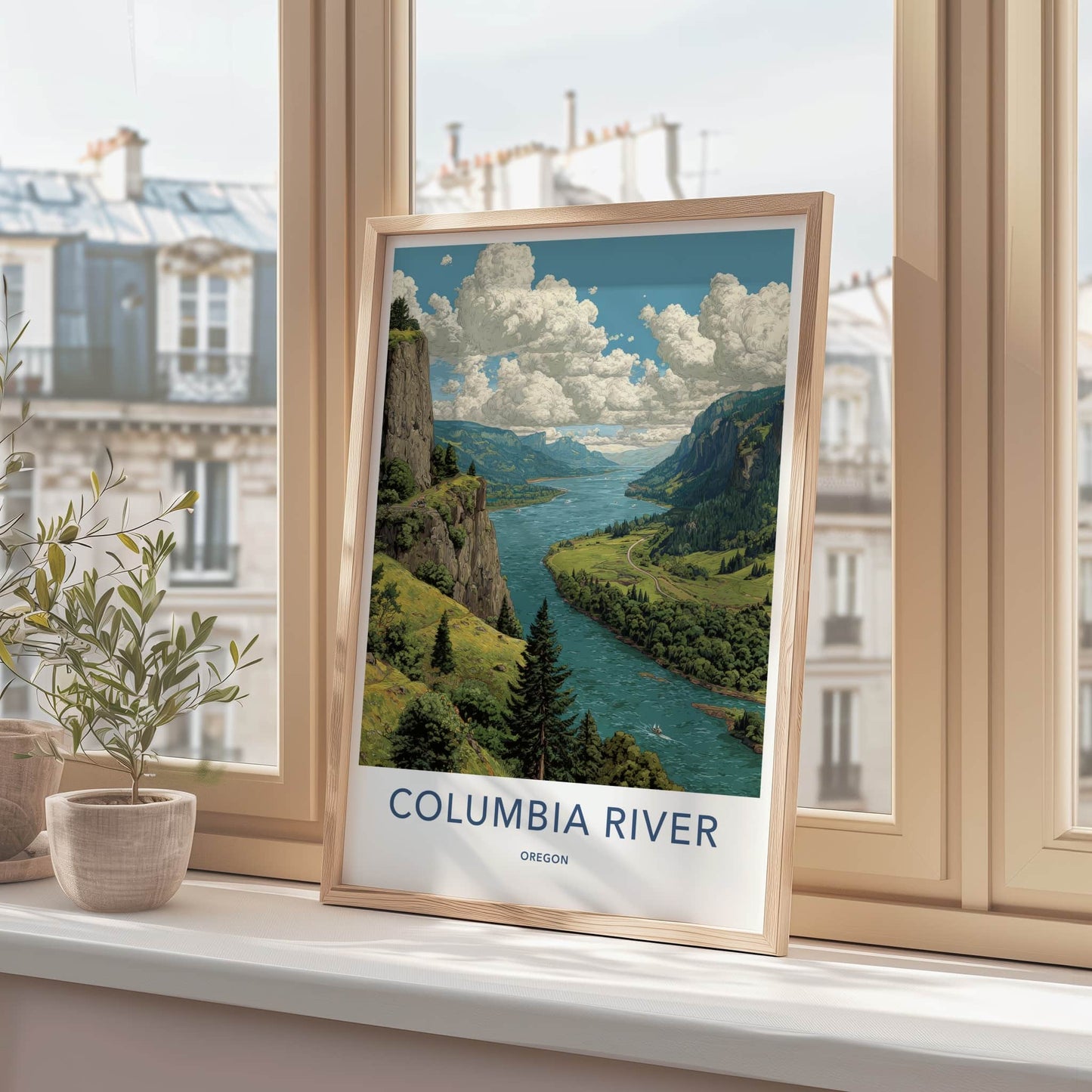 Columbia River Poster - Oregon Travel Print - Mountain River Landscape Home Art