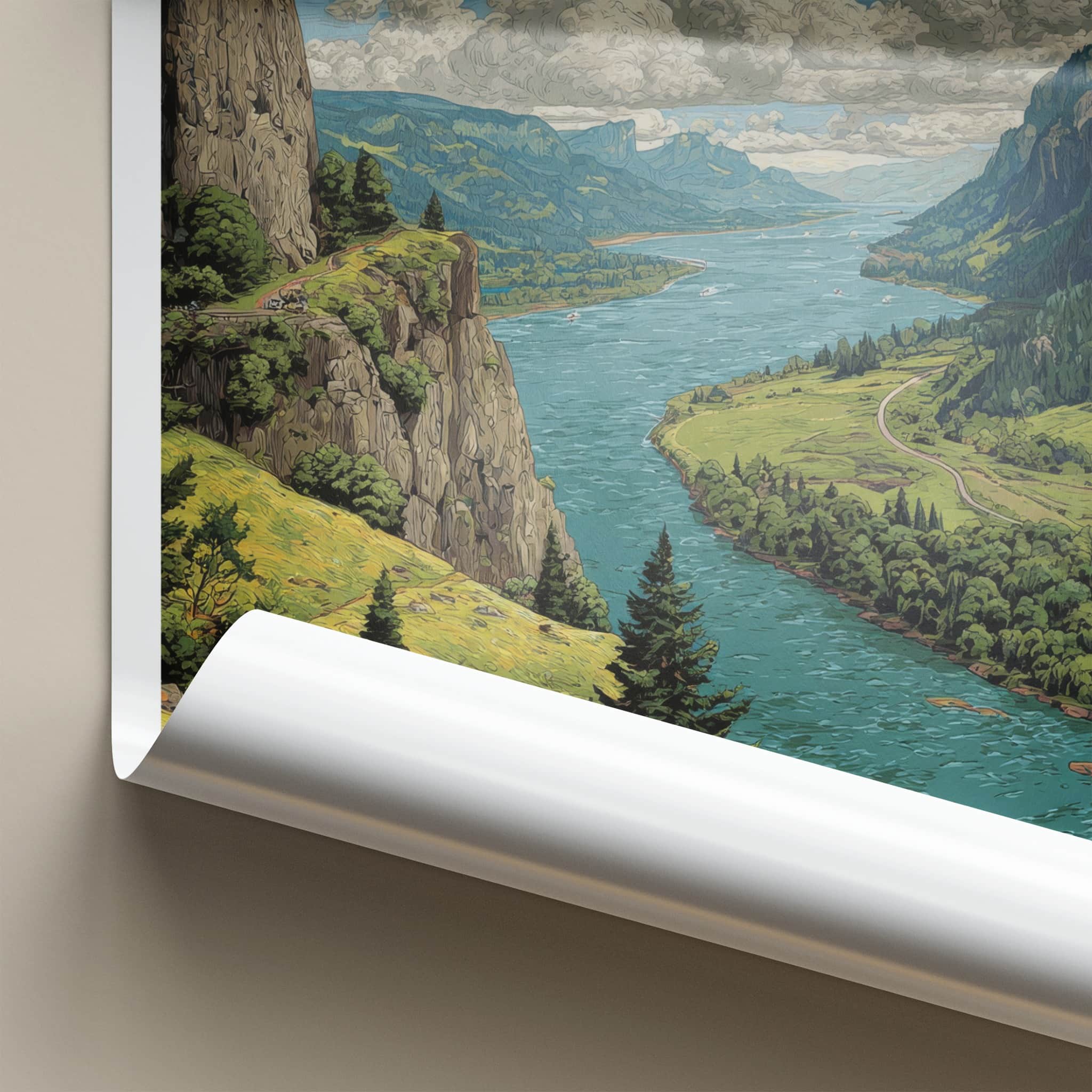Columbia River Poster - Oregon Travel Print - Mountain River Landscape Home Art