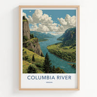 Columbia River Poster - Oregon Travel Print - Mountain River Landscape Home Art