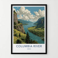 Columbia River Poster - Oregon Travel Print - Mountain River Landscape Home Art