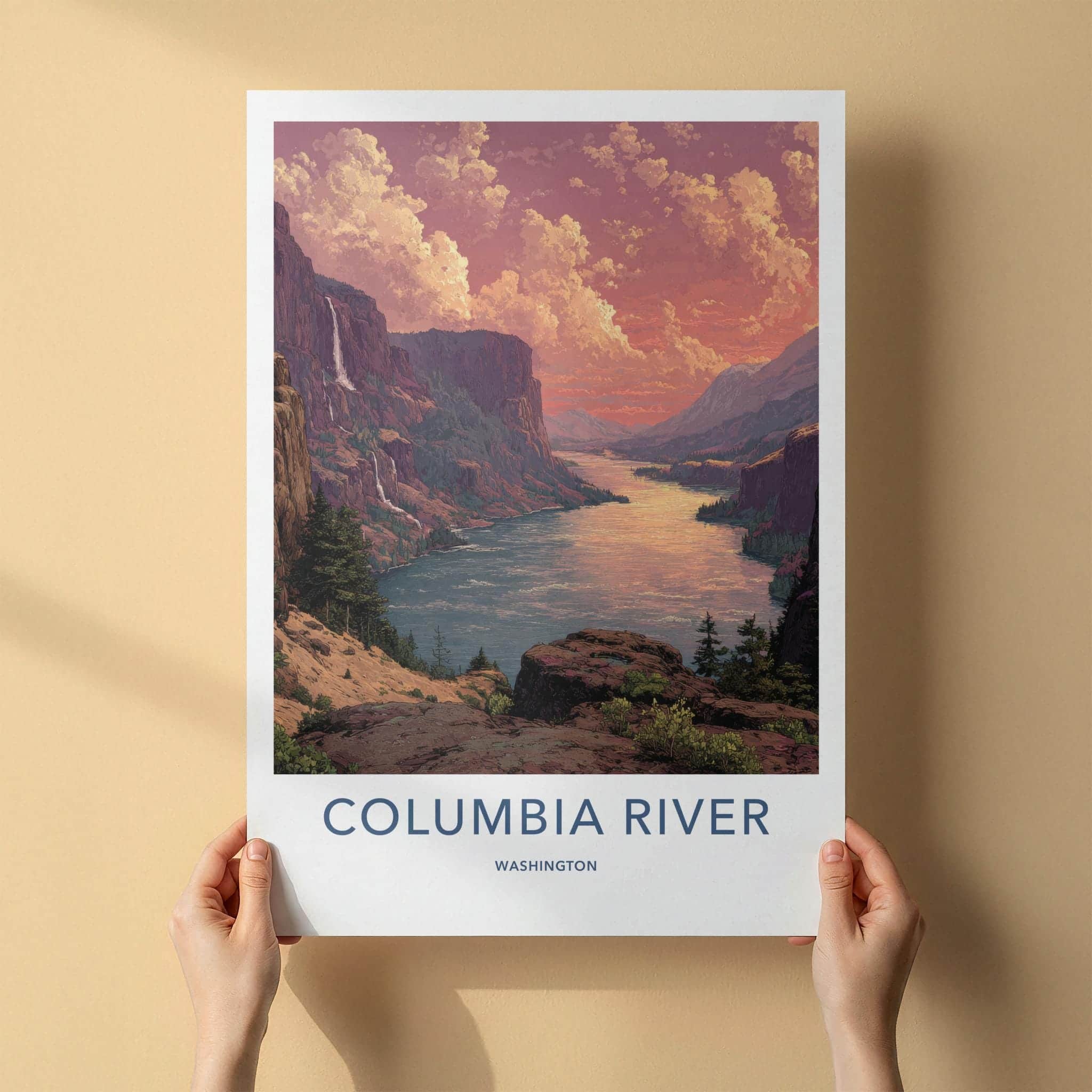 Columbia River Poster - Washington Travel Art - Dramatic Canyon Sunset Home Decor