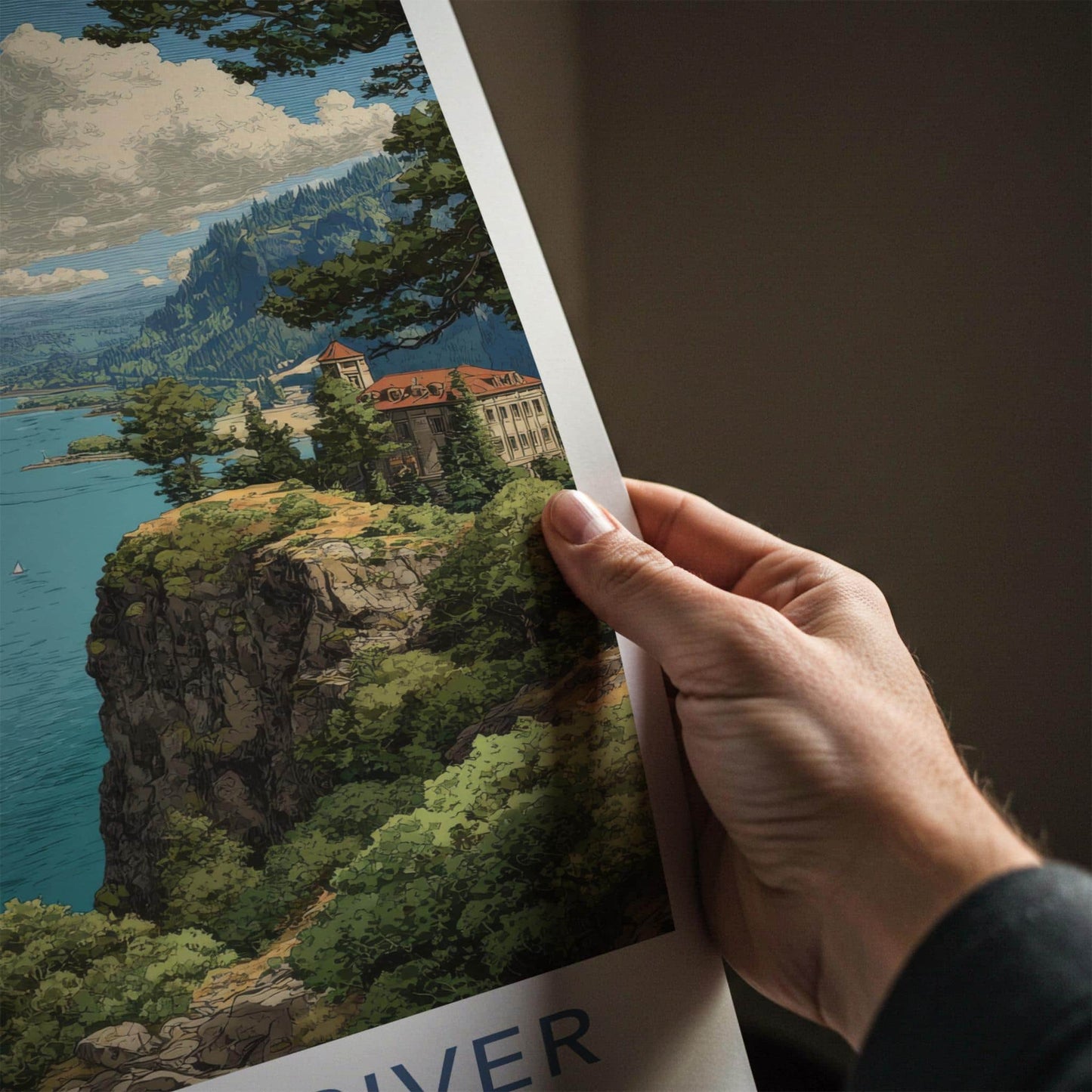 Columbia River Poster - Washington Travel Art - Forested Cliff River Home Decor