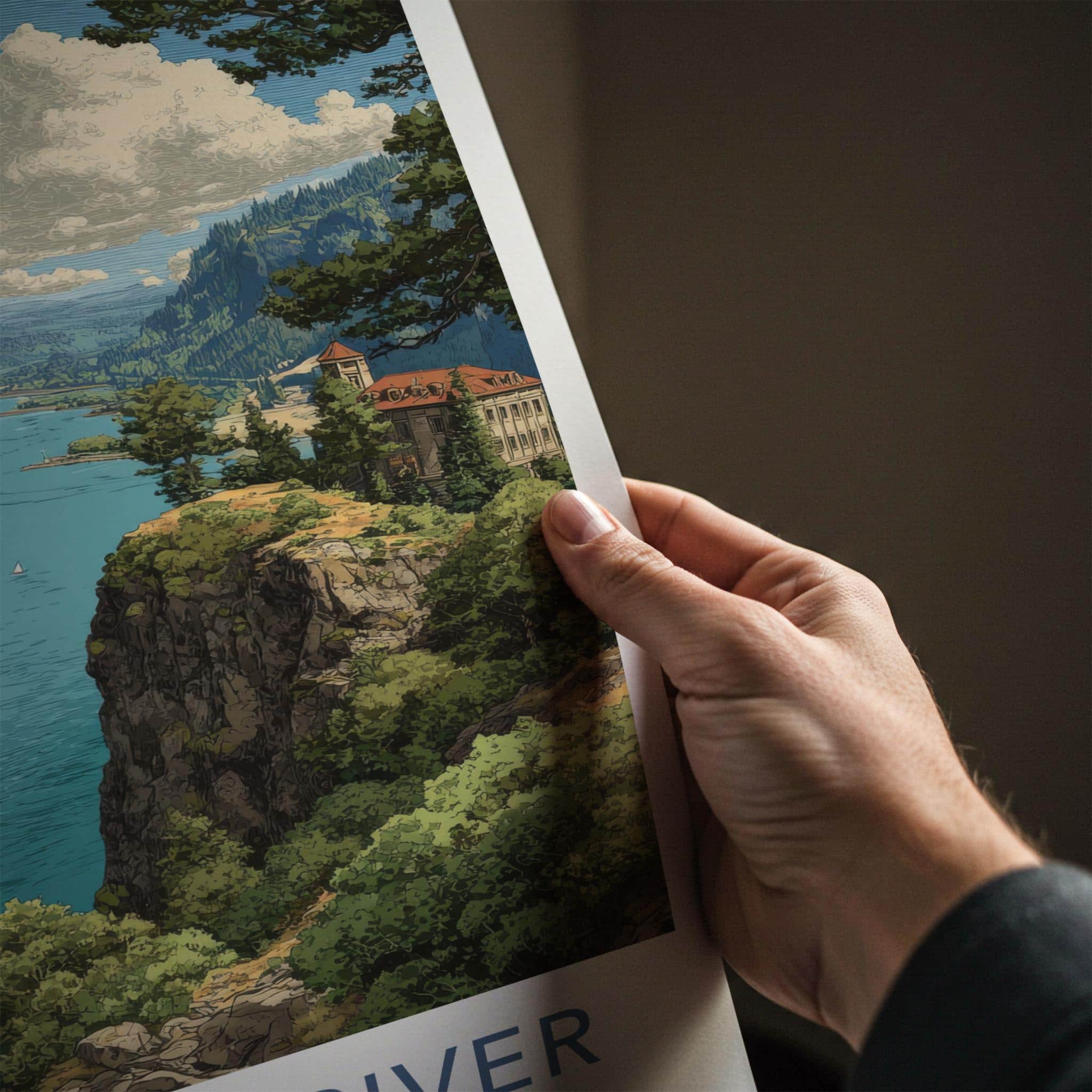 Columbia River Poster - Washington Travel Art - Forested Cliff River Home Decor