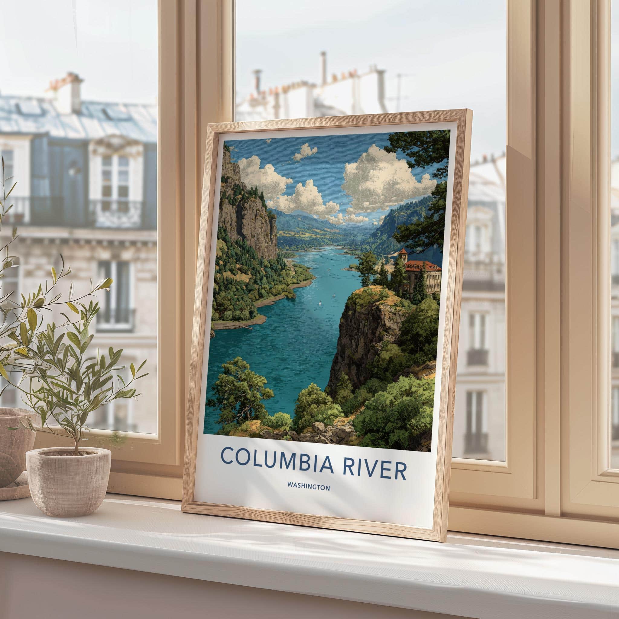 Columbia River Poster - Washington Travel Art - Forested Cliff River Home Decor