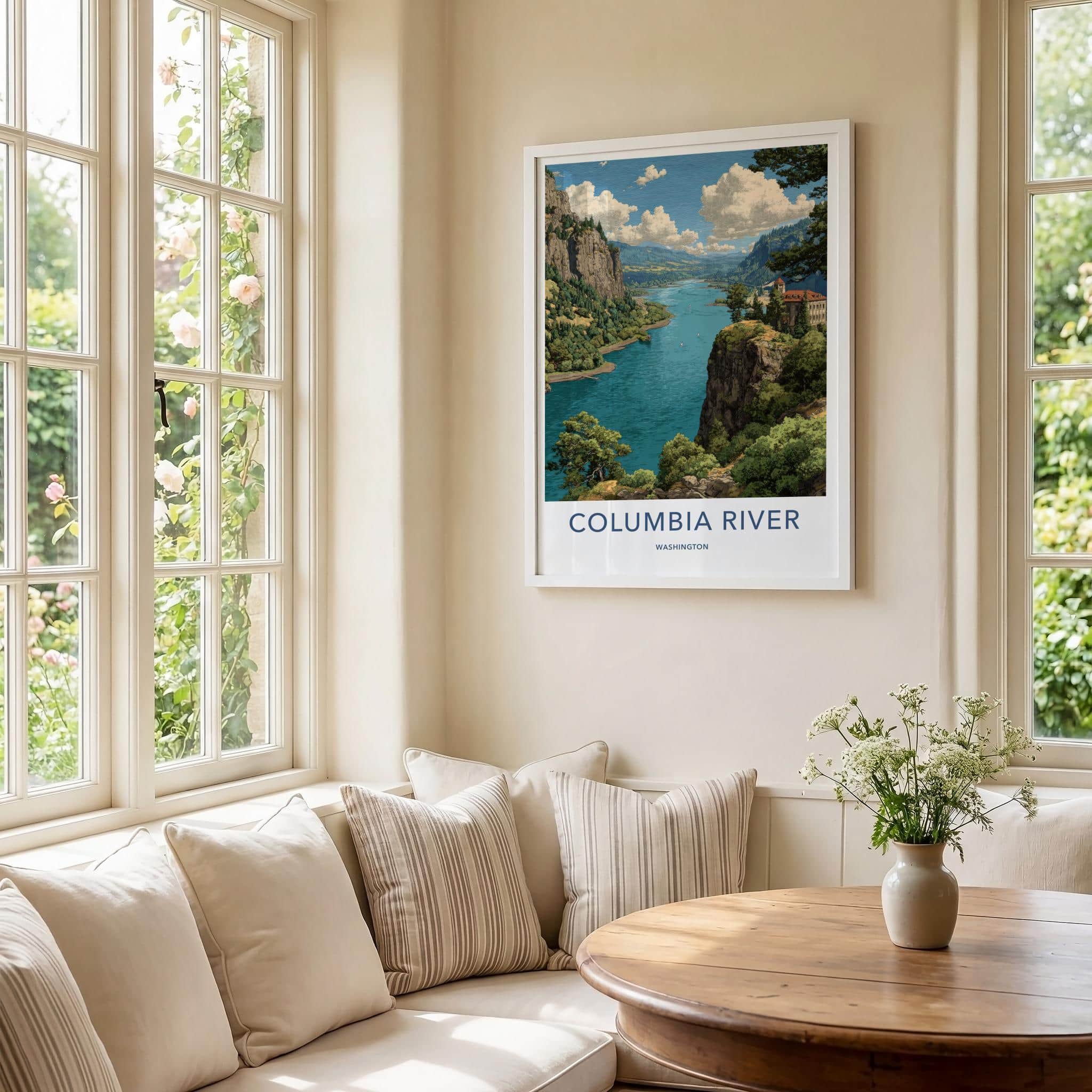 Columbia River Poster - Washington Travel Art - Forested Cliff River Home Decor