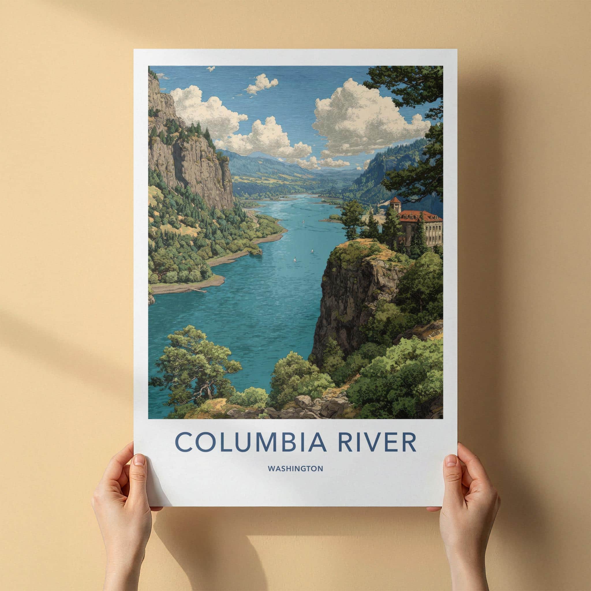 Columbia River Poster - Washington Travel Art - Forested Cliff River Home Decor