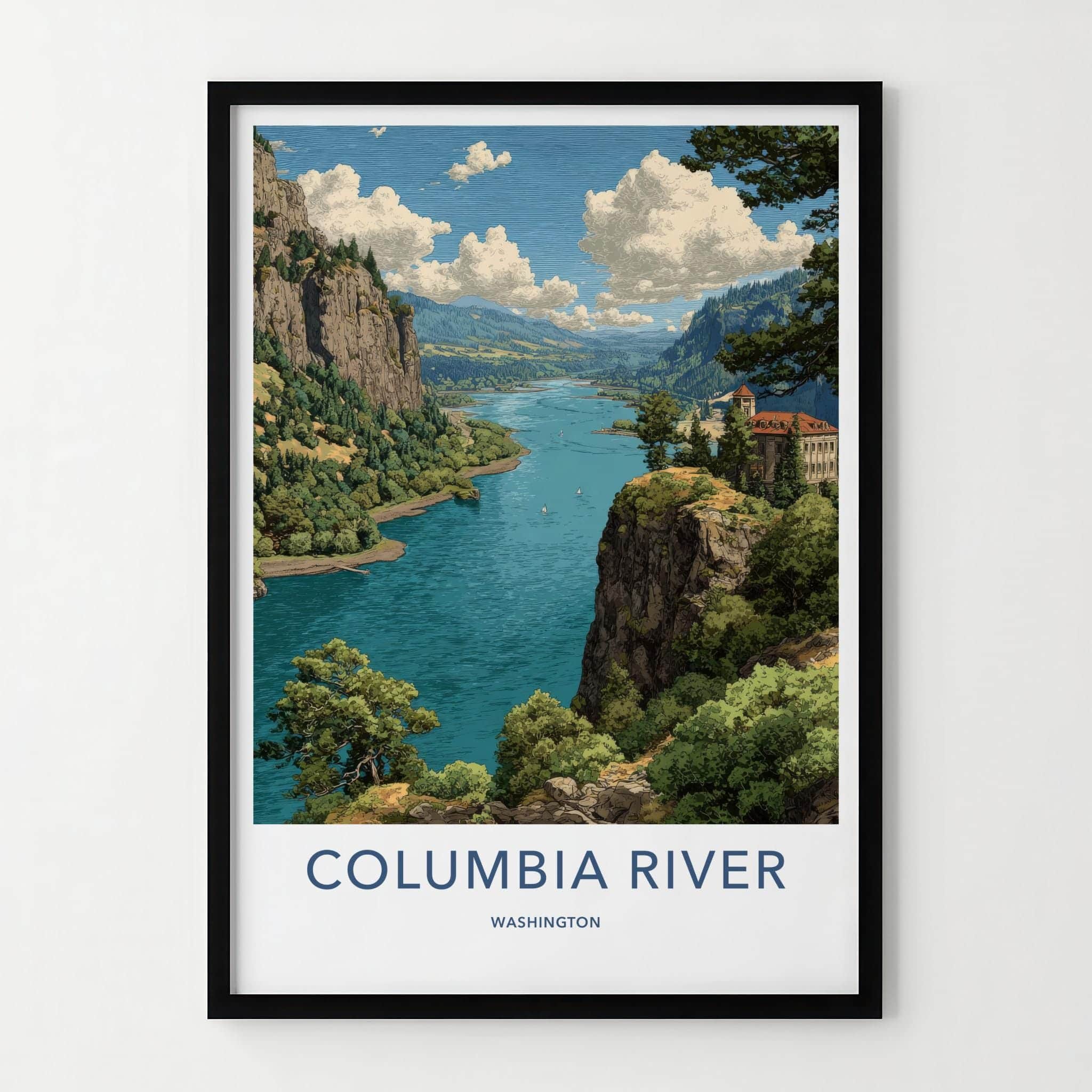 Columbia River Poster - Washington Travel Art - Forested Cliff River Home Decor