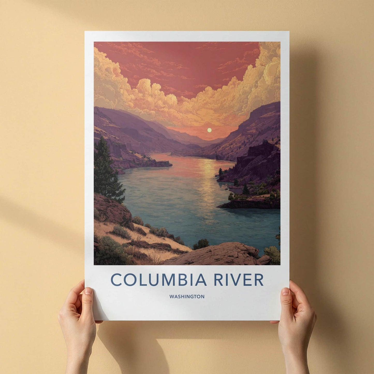 Columbia River Poster - Washington Travel Art - Sunset River View Home Decor
