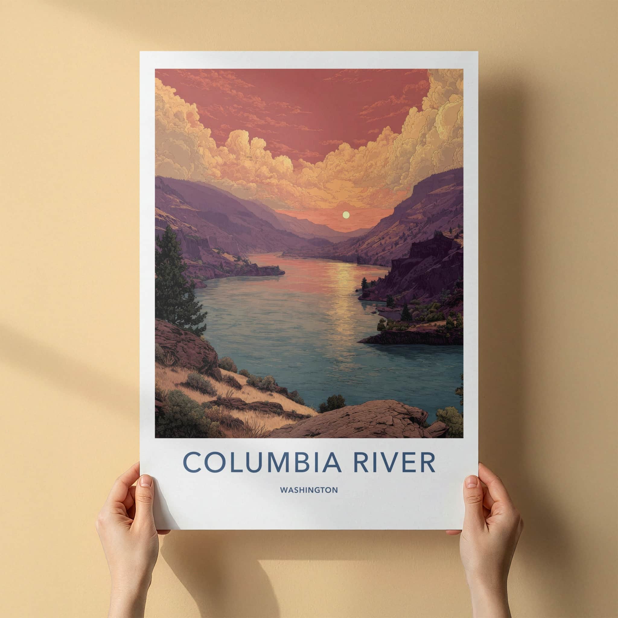 Columbia River Poster - Washington Travel Art - Sunset River View Home Decor