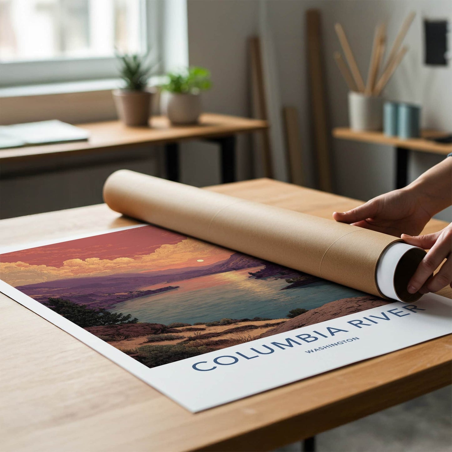 Columbia River Poster - Washington Travel Art - Sunset River View Home Decor