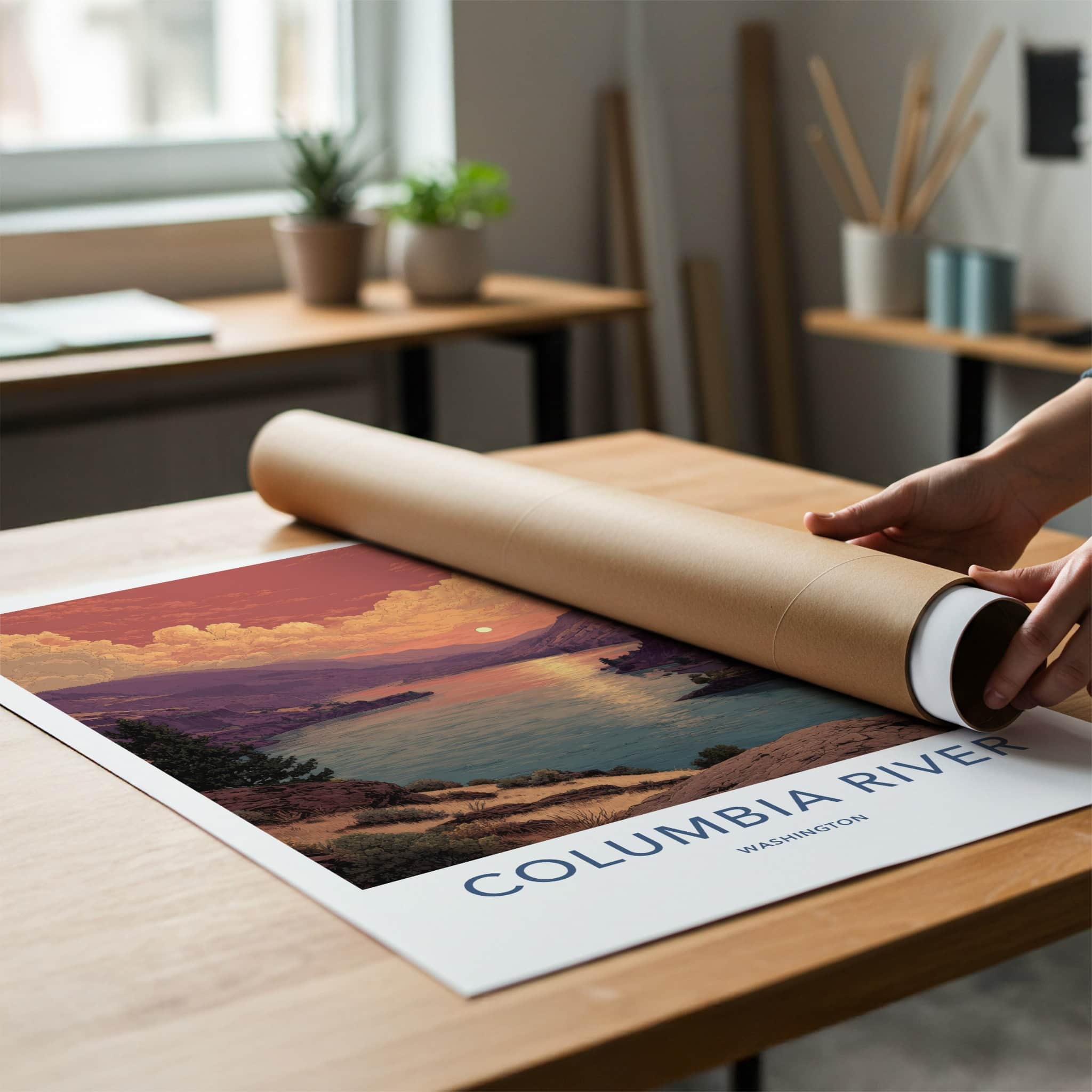Columbia River Poster - Washington Travel Art - Sunset River View Home Decor