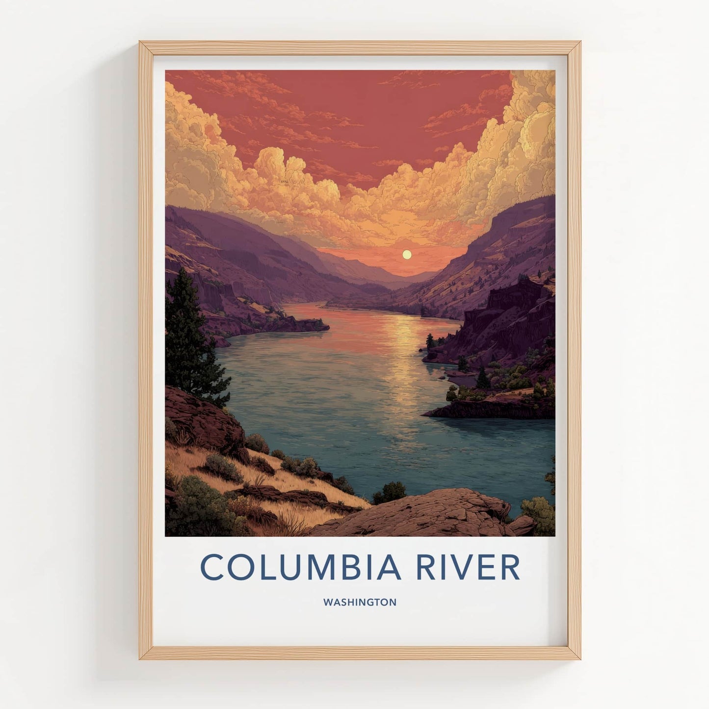 Columbia River Poster - Washington Travel Art - Sunset River View Home Decor