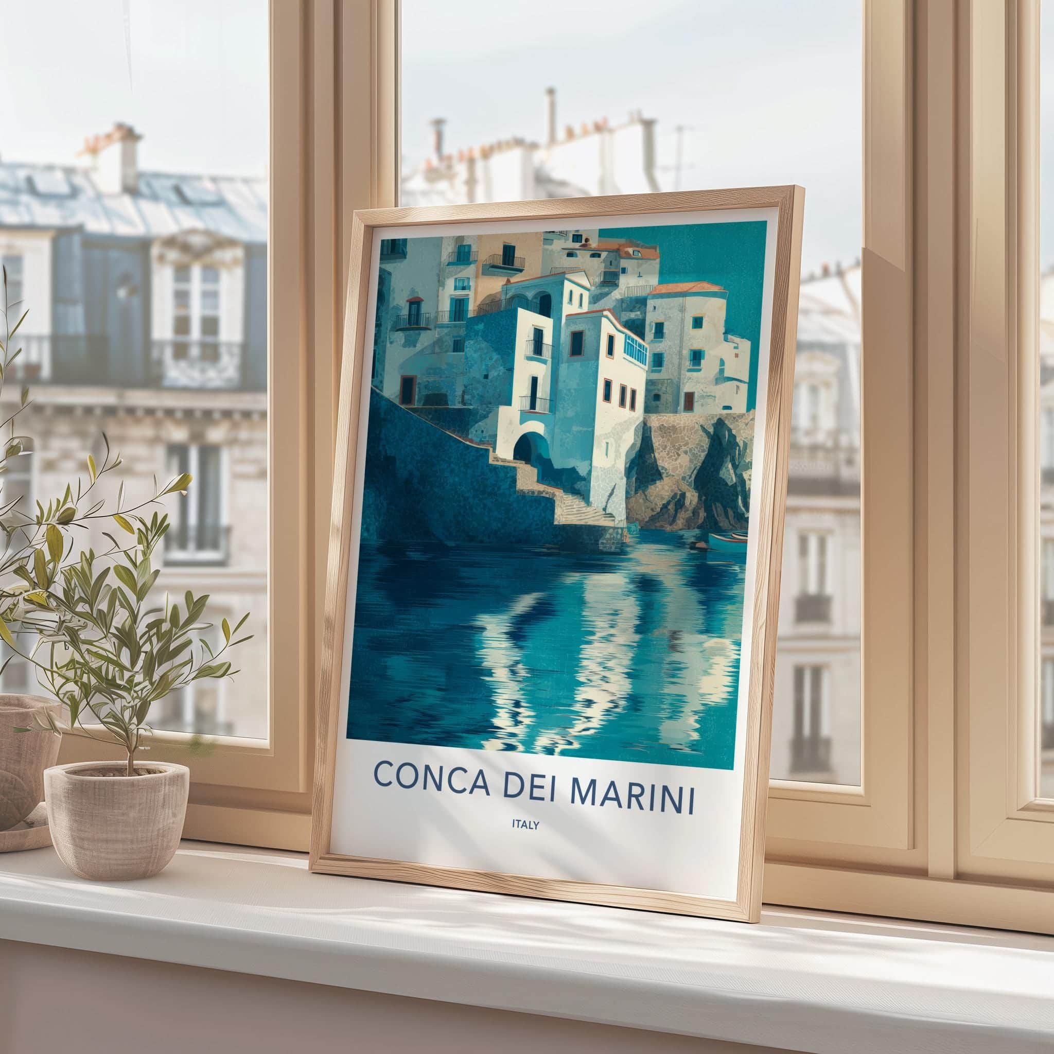 Conca dei Marini Poster - Italy Travel Art - White coastal village Home Decor