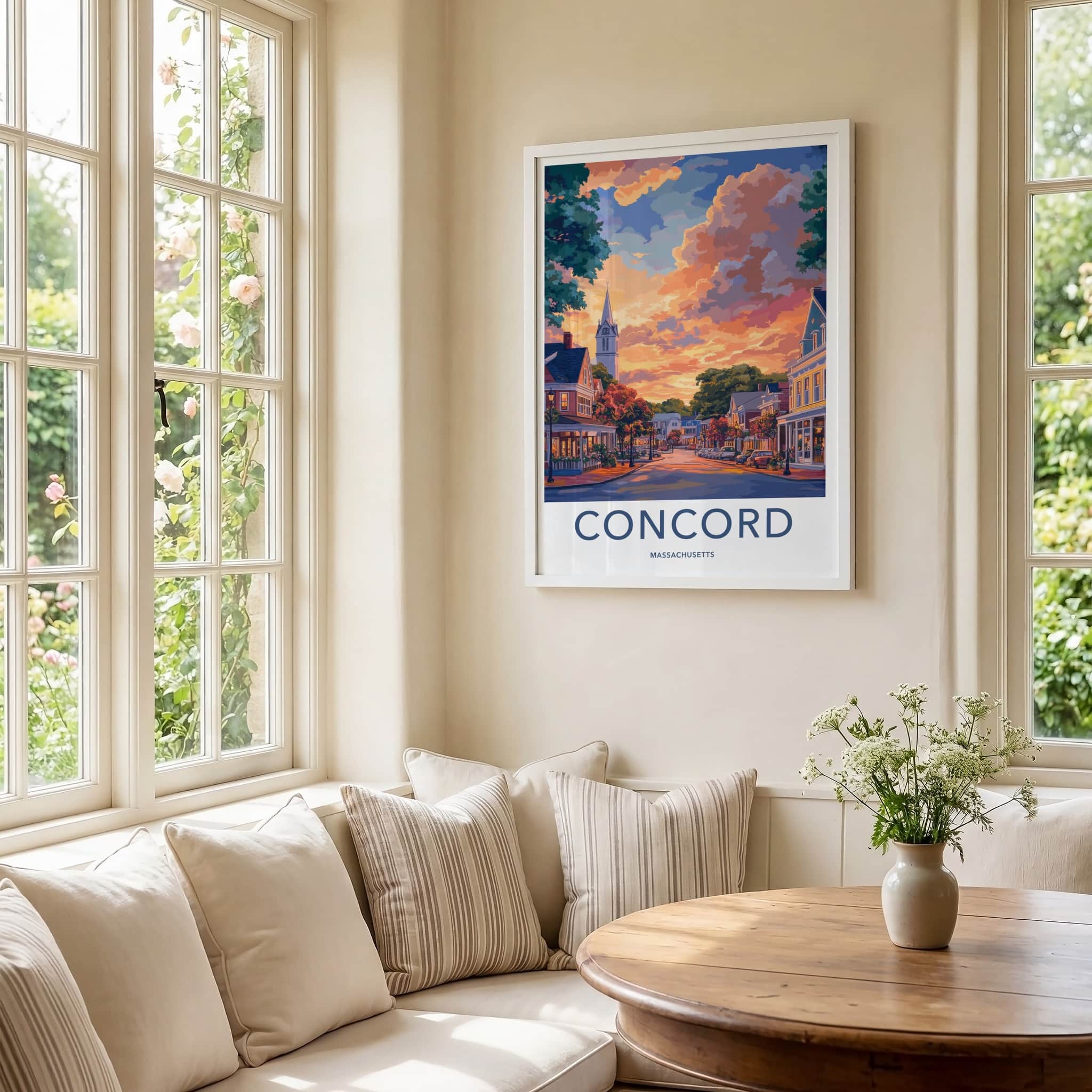 Concord Poster - Massachusetts Travel Art - Vibrant Sunset Town Home Decor