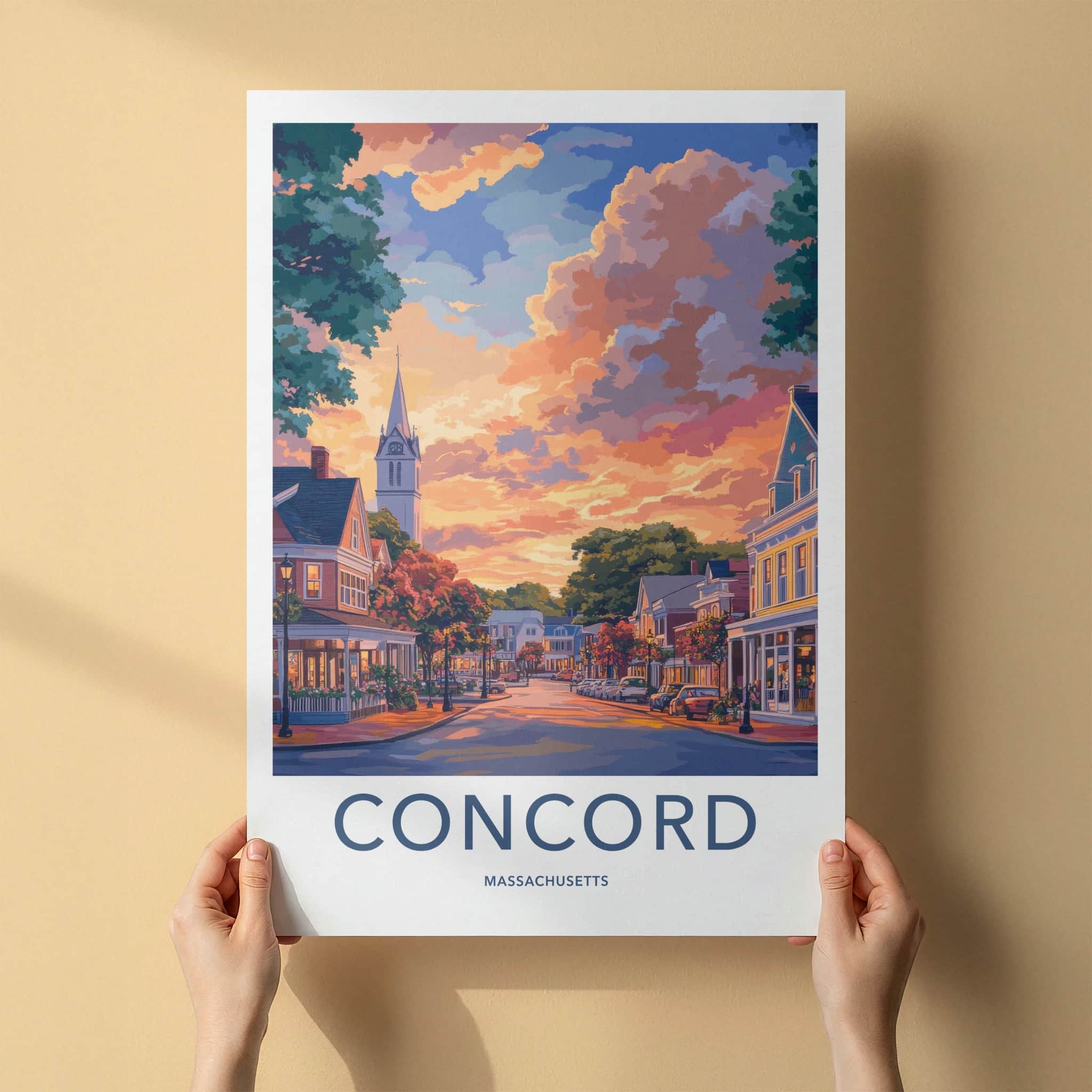 Concord Poster - Massachusetts Travel Art - Vibrant Sunset Town Home Decor