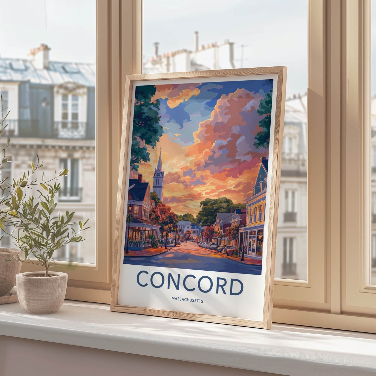 Concord Poster - Massachusetts Travel Art - Vibrant Sunset Town Home Decor