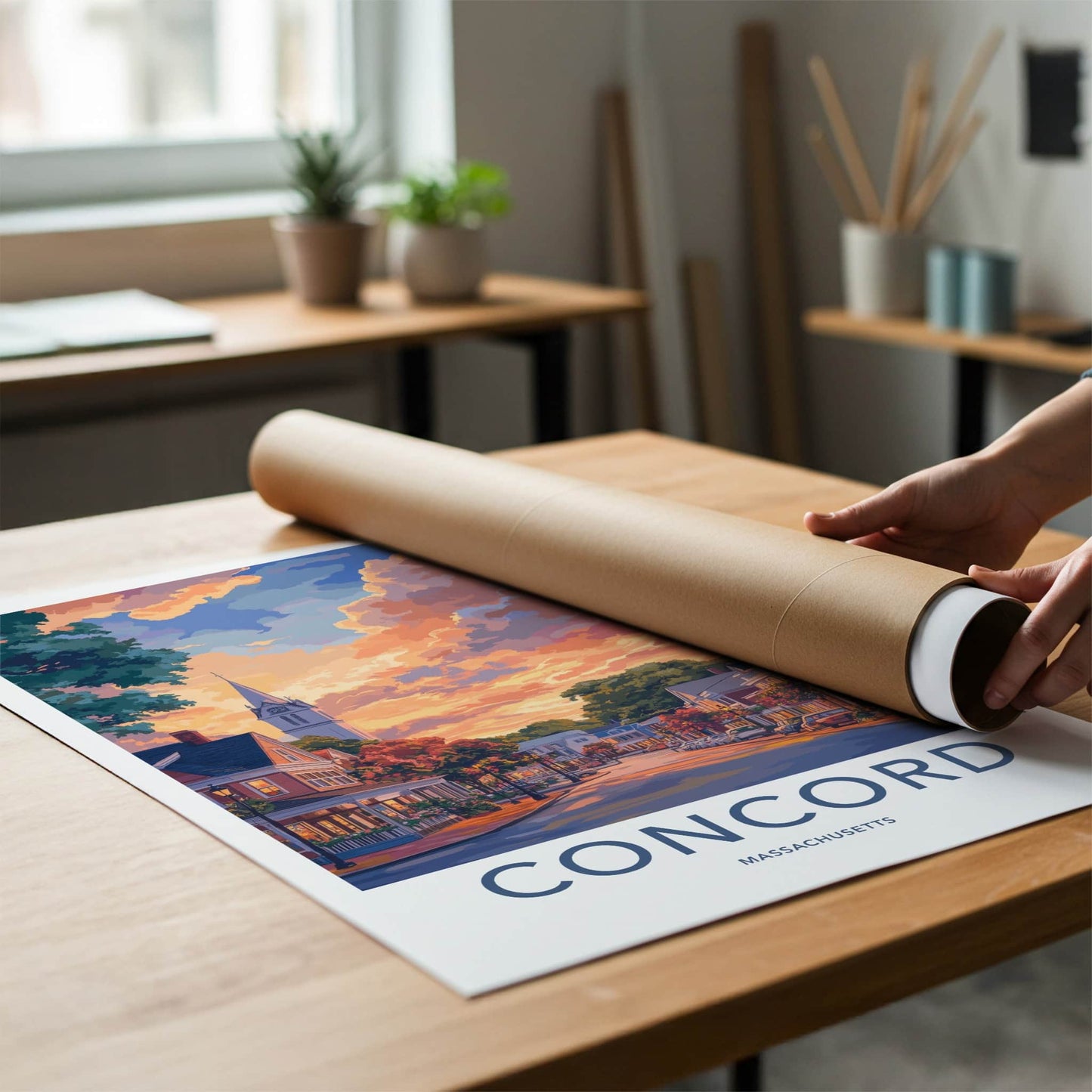 Concord Poster - Massachusetts Travel Art - Vibrant Sunset Town Home Decor